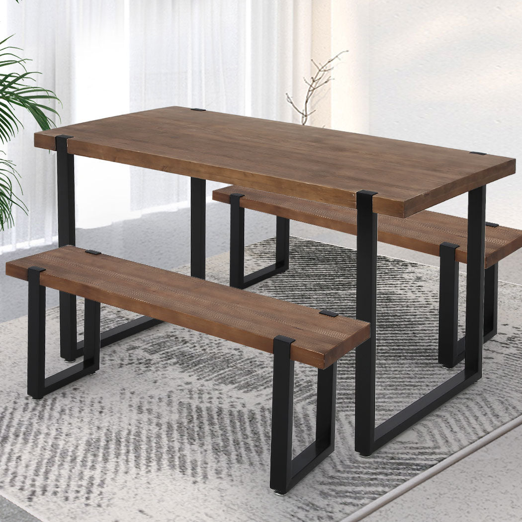 Wooden Dining Set with 1 Table and 2 Benches - Brown - Rivercity House & Home Co. (ABN 18 642 972 209) - Affordable Modern Furniture Australia