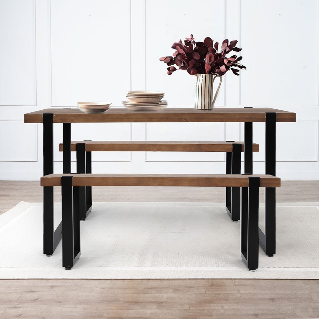 Wooden Dining Set with 1 Table and 2 Benches - Brown - Rivercity House & Home Co. (ABN 18 642 972 209) - Affordable Modern Furniture Australia