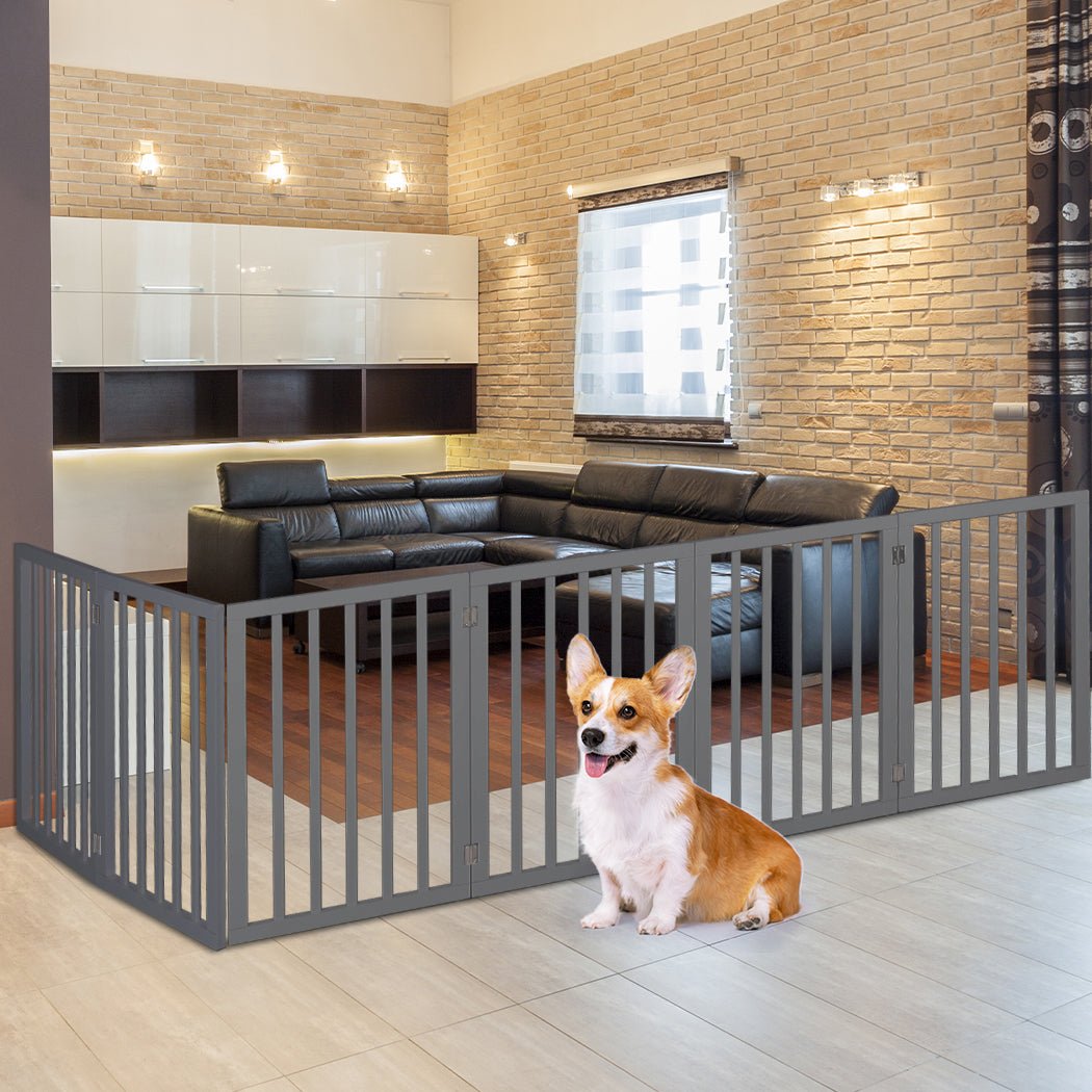 Wooden Foldable Pet Gate 6 - Panel Dog Fence Safety Barrier - Grey - Rivercity House & Home Co. (ABN 18 642 972 209) - Affordable Modern Furniture Australia