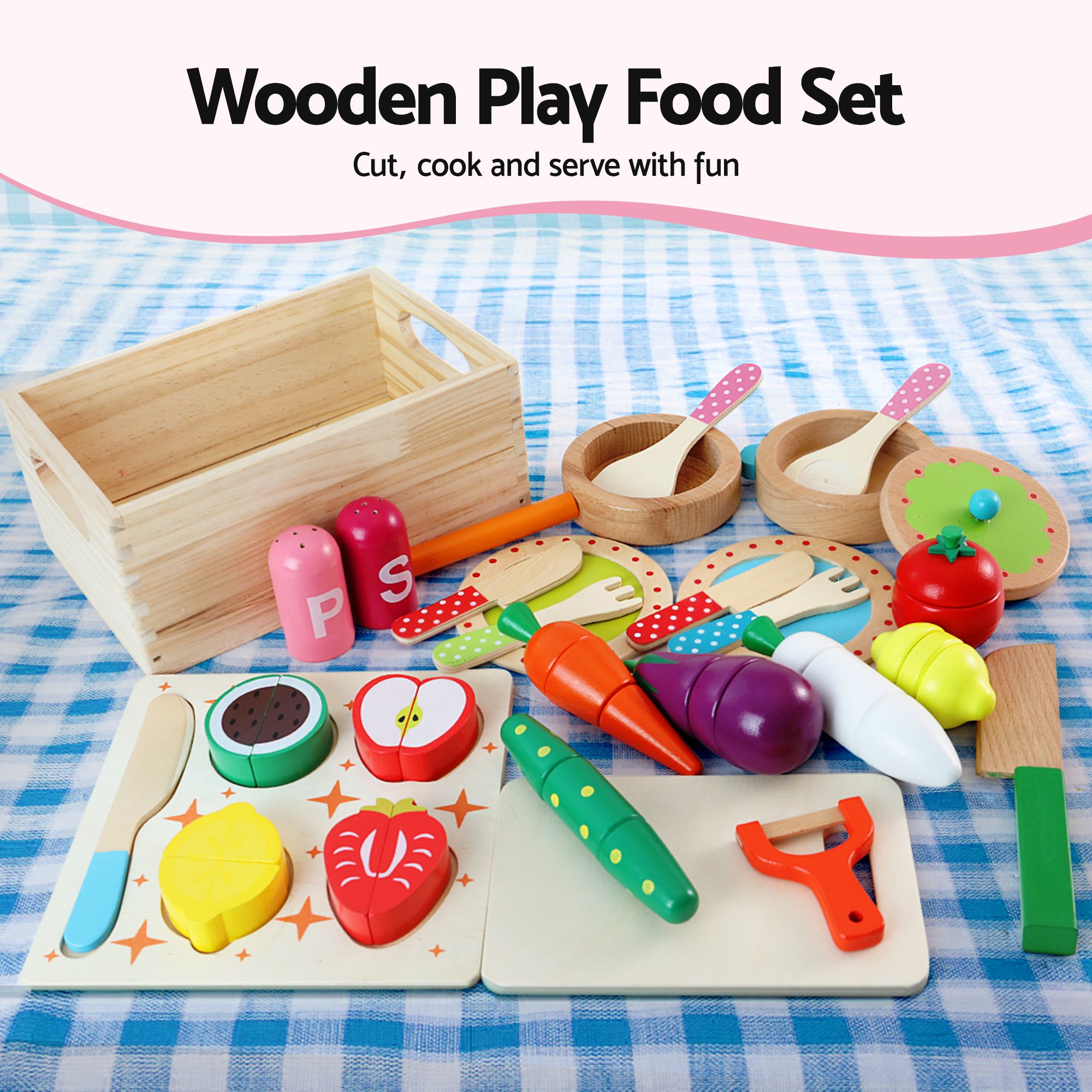 Wooden Kids Pretend Kitchen Playset with 29-Piece Food Set 108cm with Storage - Pink White - Baby & Kids > Baby & Kid's Toys > Activity Toys - Rivercity House & Home Co. (ABN 18 642 972 209) - Affordable Modern Furniture Australia