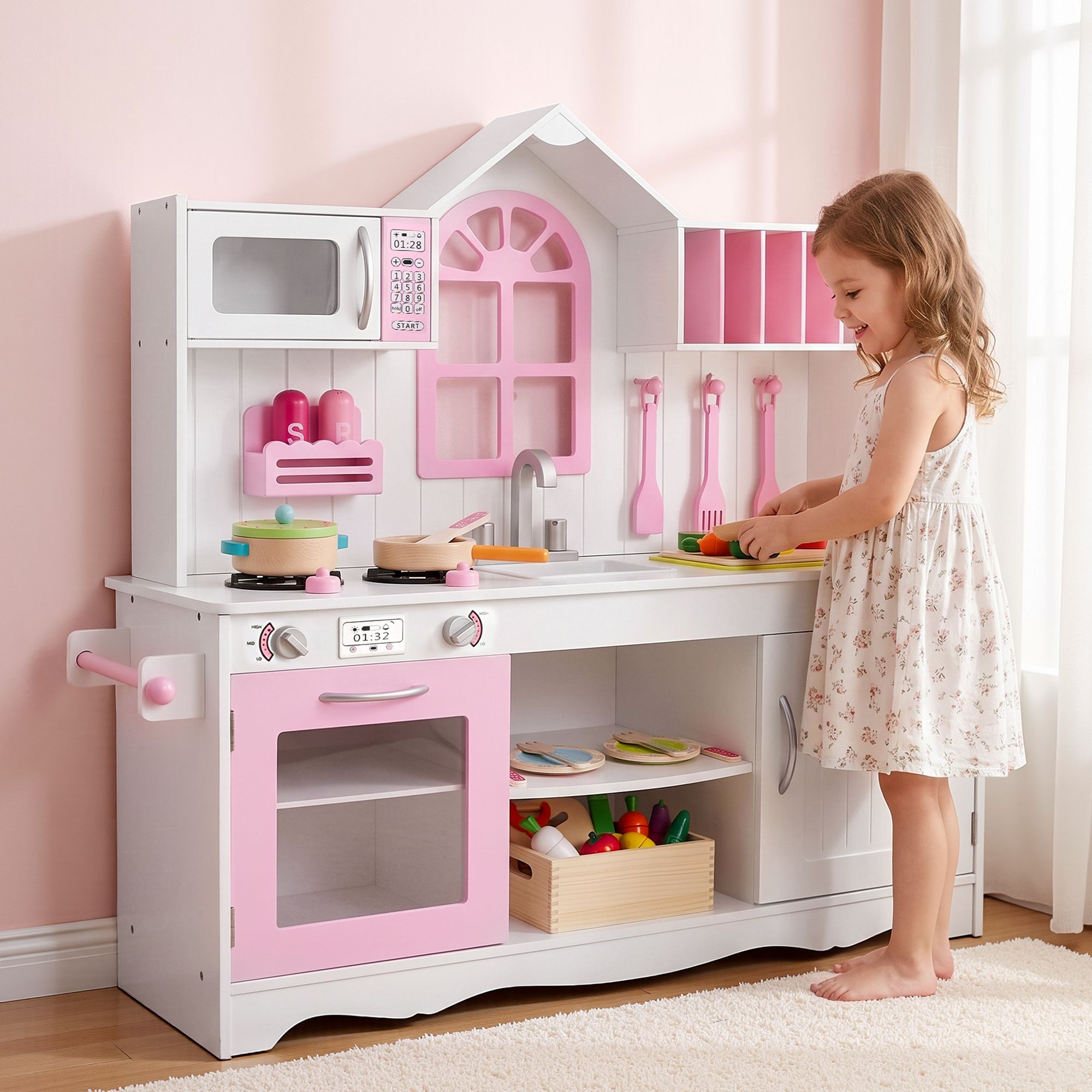 Wooden Kids Pretend Kitchen Playset with 29-Piece Food Set 108cm with Storage - Pink White - Baby & Kids > Baby & Kid's Toys > Activity Toys - Rivercity House & Home Co. (ABN 18 642 972 209) - Affordable Modern Furniture Australia