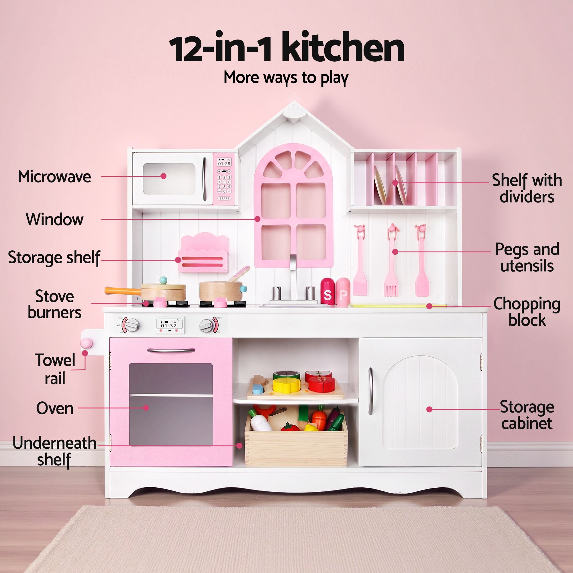Wooden Kids Pretend Kitchen Playset with 29-Piece Food Set 108cm with Storage - Pink White - Baby & Kids > Baby & Kid's Toys > Activity Toys - Rivercity House & Home Co. (ABN 18 642 972 209) - Affordable Modern Furniture Australia