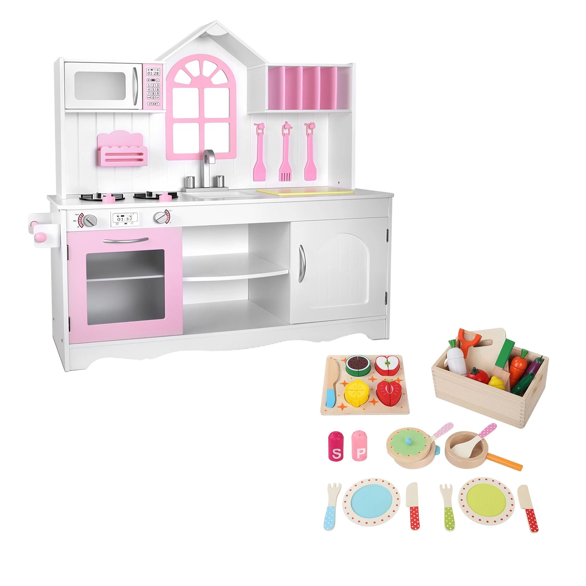 Wooden Kids Pretend Kitchen Playset with 29-Piece Food Set 108cm with Storage - Pink White - Baby & Kids > Baby & Kid's Toys > Activity Toys - Rivercity House & Home Co. (ABN 18 642 972 209) - Affordable Modern Furniture Australia