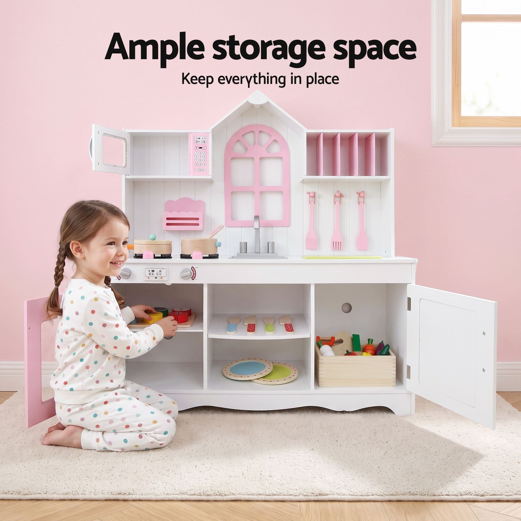 Wooden Kids Pretend Kitchen Playset with 29-Piece Food Set 108cm with Storage - Pink White - Baby & Kids > Baby & Kid's Toys > Activity Toys - Rivercity House & Home Co. (ABN 18 642 972 209) - Affordable Modern Furniture Australia