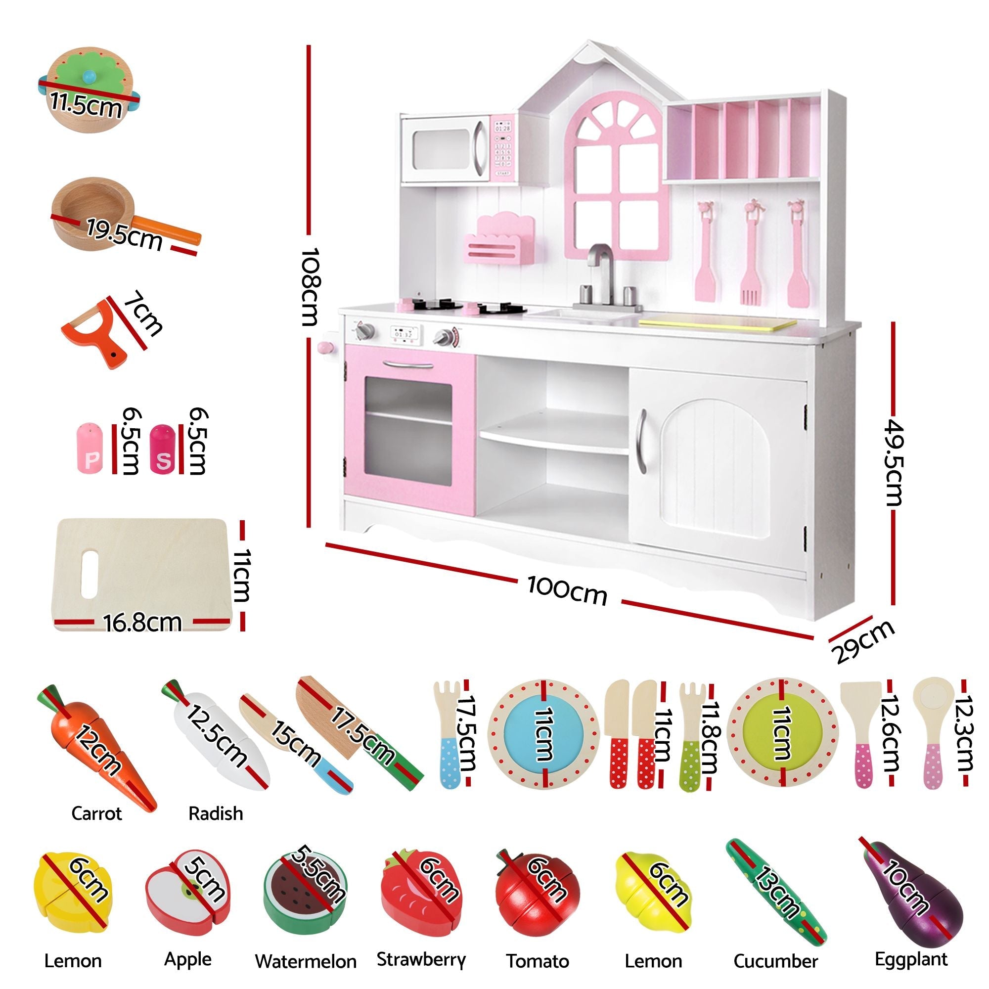 Wooden Kids Pretend Kitchen Playset with 29-Piece Food Set 108cm with Storage - Pink White - Baby & Kids > Baby & Kid's Toys > Activity Toys - Rivercity House & Home Co. (ABN 18 642 972 209) - Affordable Modern Furniture Australia