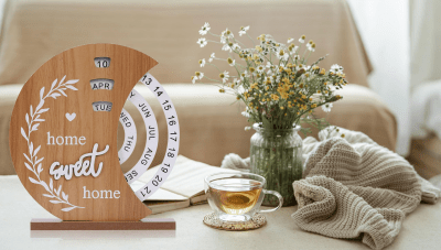 Wooden Perpetual Desk Calendar with Rotating Discs Home Sweet Home Design - Natural Wood - Home & Garden > Home Office Accessories > Calendars, Organisers & Planners - Rivercity House & Home Co. (ABN 18 642 972 209) - Affordable Modern Furniture Australia