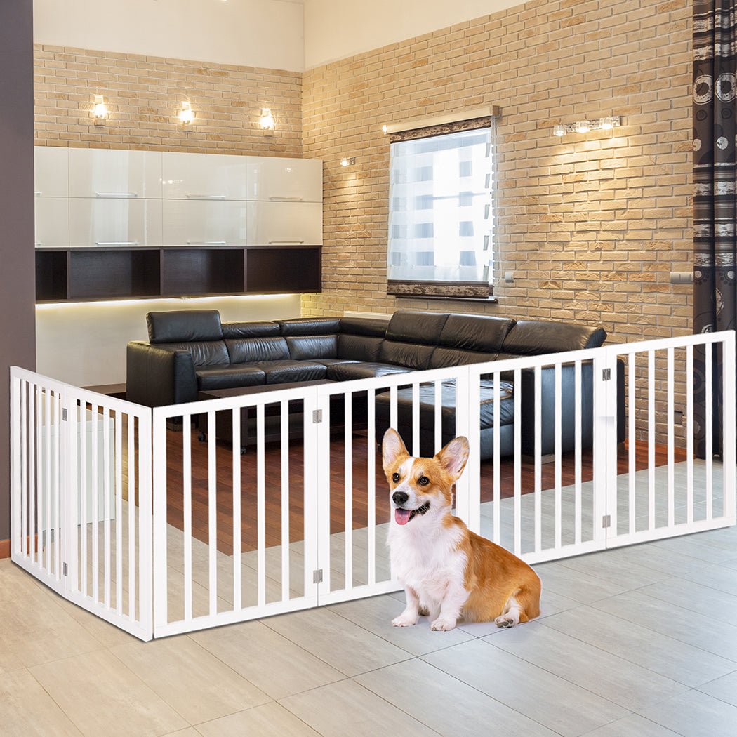 Wooden Pet Gate Foldable Dog Fence 6 Panels - White - Rivercity House & Home Co. (ABN 18 642 972 209) - Affordable Modern Furniture Australia