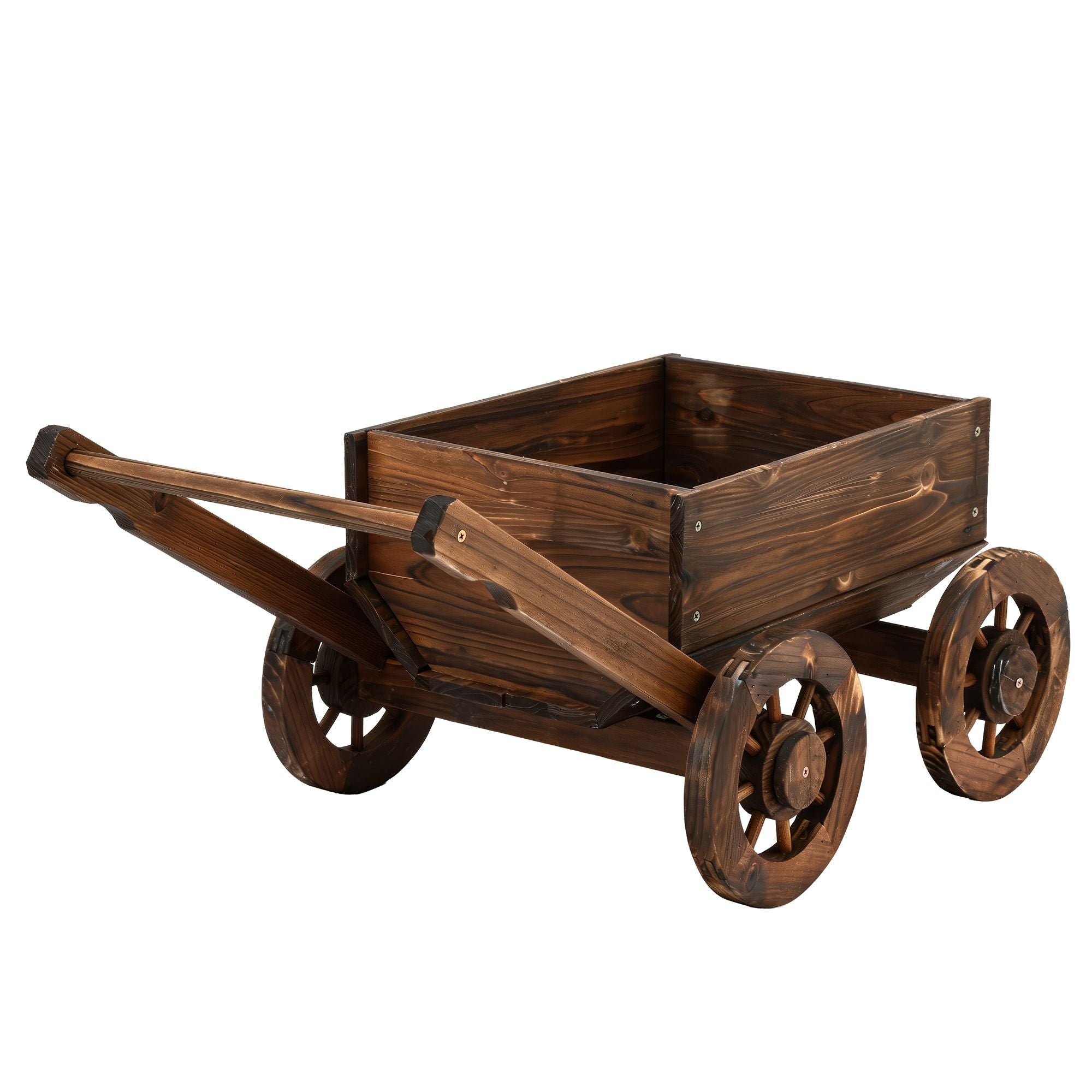 Wooden Planter Cart with Wagon Wheels Plant Stand Large Fir Wood - Natural Charred Brown - Home & Garden > Garden Tools > Gardening Accessories - Rivercity House & Home Co. (ABN 18 642 972 209) - Affordable Modern Furniture Australia