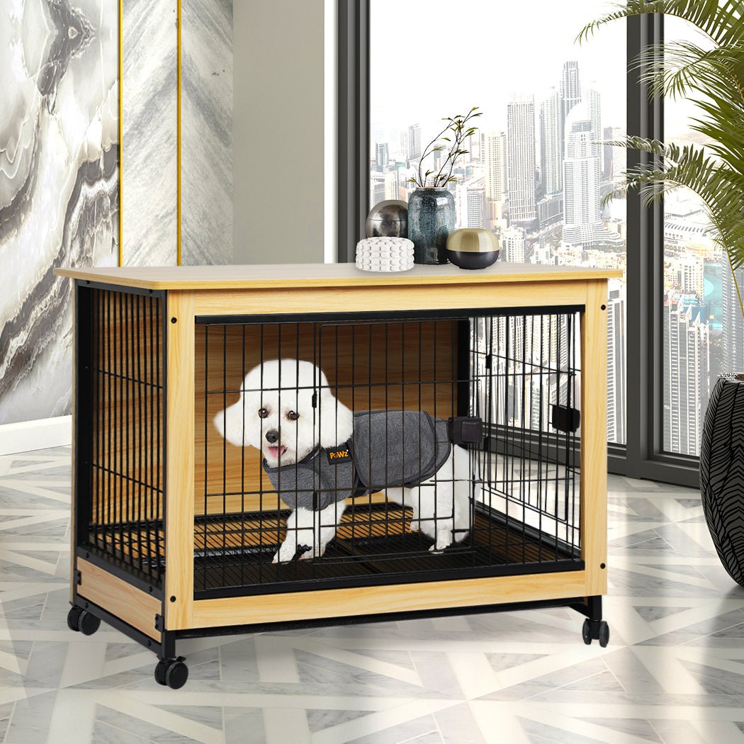 Wooden Wire Dog Kennel Medium with Side End - Wood and Black - Rivercity House & Home Co. (ABN 18 642 972 209) - Affordable Modern Furniture Australia