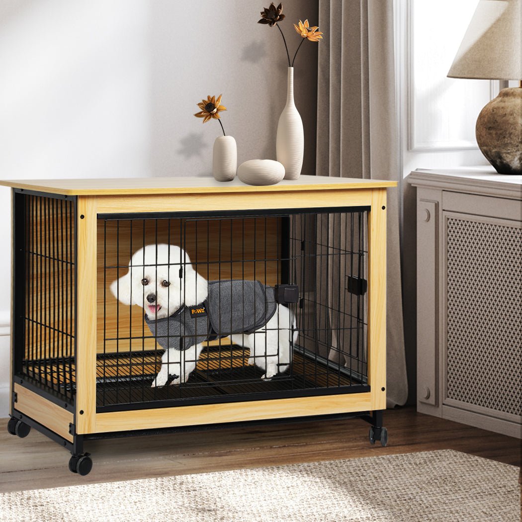 Wooden Wire Dog Kennel Medium with Side End - Wood and Black - Rivercity House & Home Co. (ABN 18 642 972 209) - Affordable Modern Furniture Australia