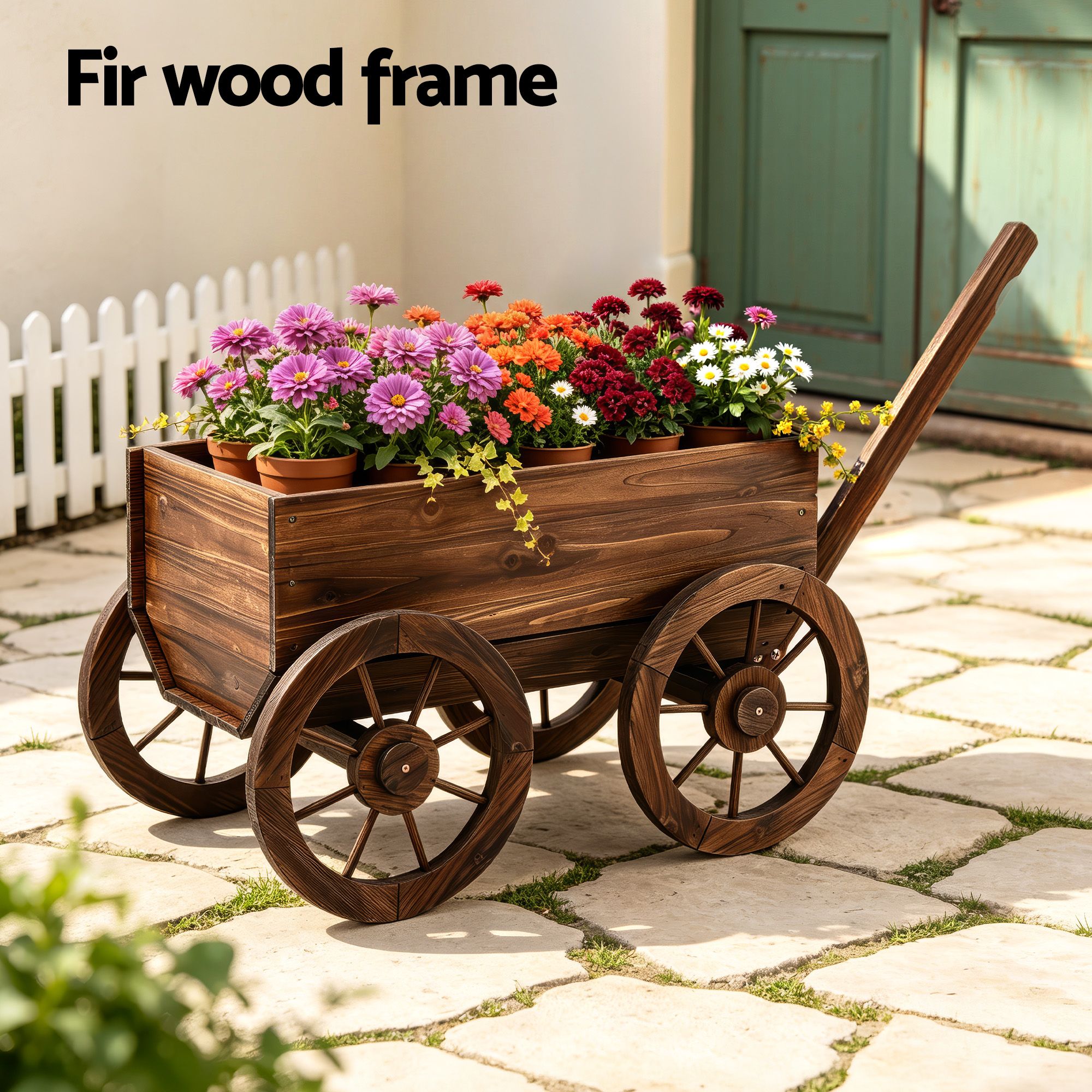 Wooden XL Planter Cart Garden Plant Stand Fir Wood Flower Wagon with Wheels - Natural Charred Brown - Home & Garden > Garden Tools > Gardening Accessories - Rivercity House & Home Co. (ABN 18 642 972 209) - Affordable Modern Furniture Australia