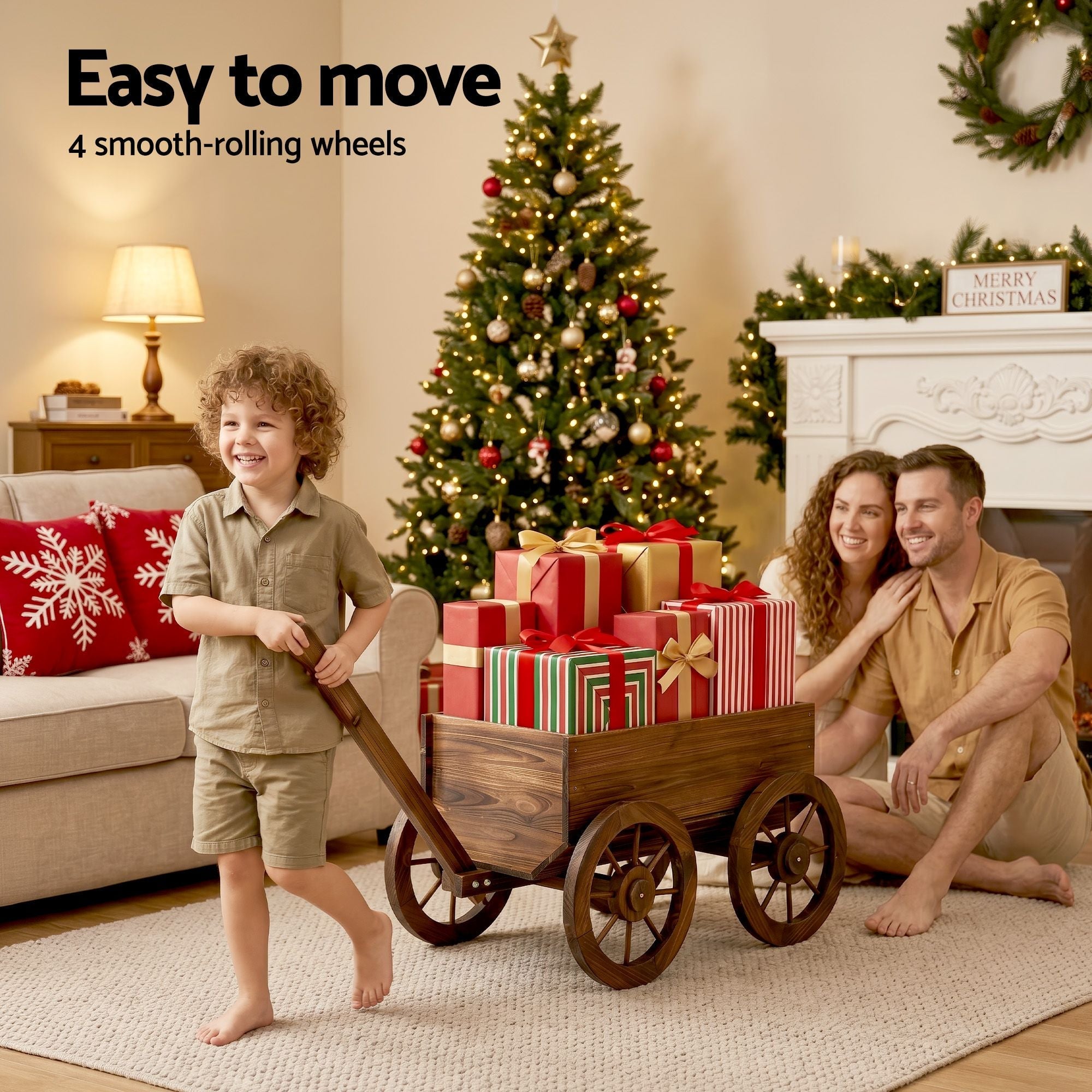 Wooden XL Planter Cart Garden Plant Stand Fir Wood Flower Wagon with Wheels - Natural Charred Brown - Home & Garden > Garden Tools > Gardening Accessories - Rivercity House & Home Co. (ABN 18 642 972 209) - Affordable Modern Furniture Australia