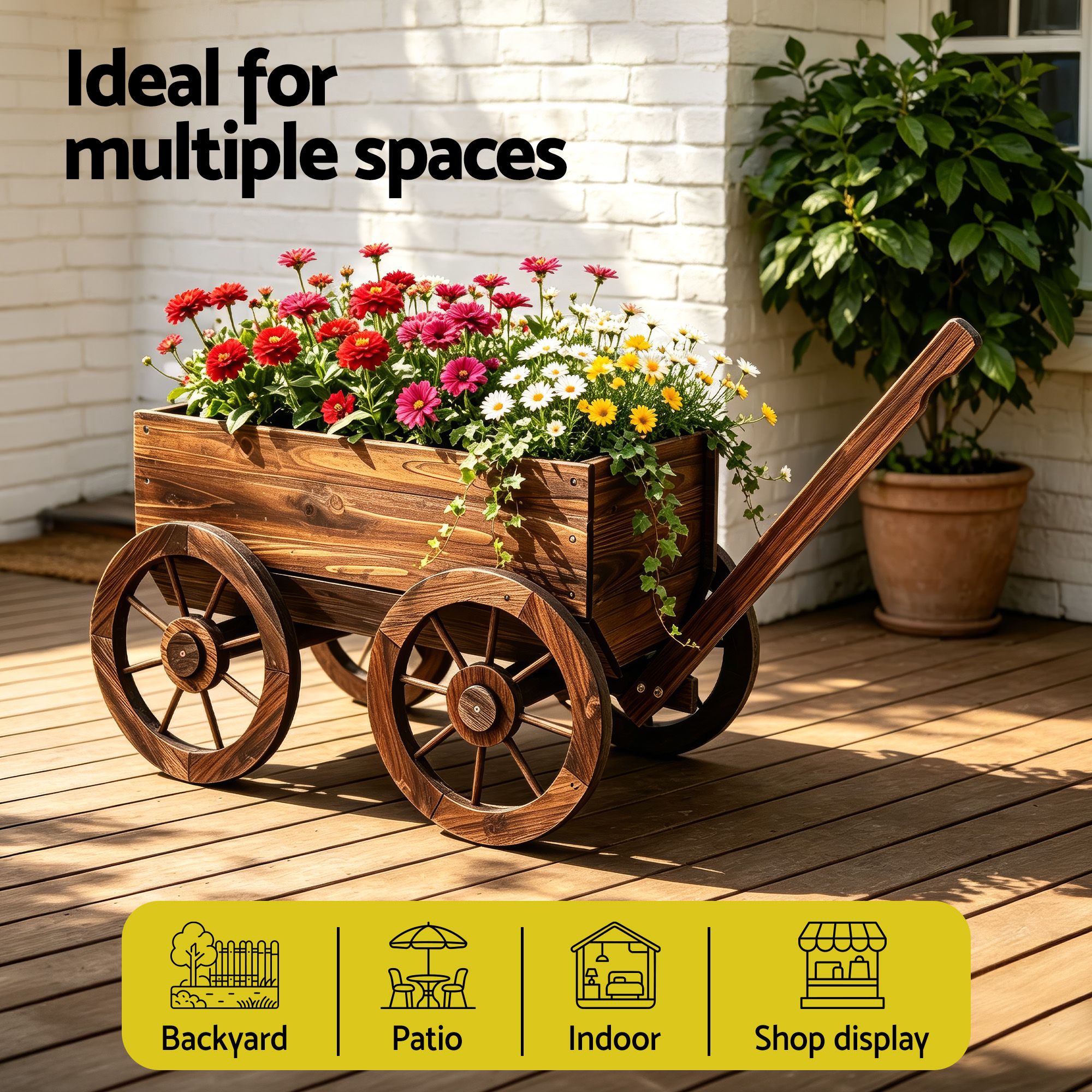 Wooden XL Planter Cart Garden Plant Stand Fir Wood Flower Wagon with Wheels - Natural Charred Brown - Home & Garden > Garden Tools > Gardening Accessories - Rivercity House & Home Co. (ABN 18 642 972 209) - Affordable Modern Furniture Australia