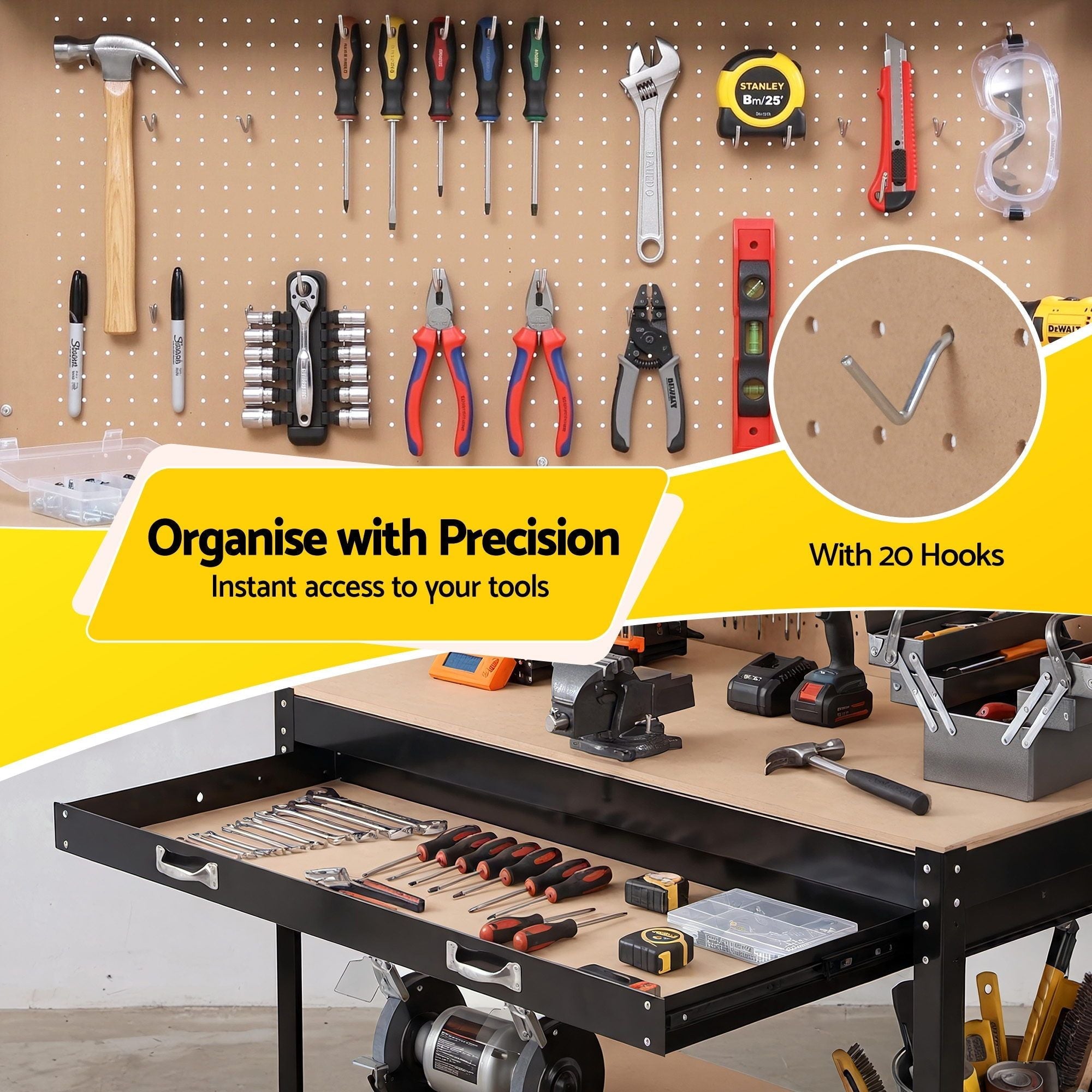 Workbench with Pegboard and Ultra - Wide 120cm Work Table for Garage DIY, 20 Hooks - Tools > Tools Storage > Work Benches - Rivercity House & Home Co. (ABN 18 642 972 209) - Affordable Modern Furniture Australia
