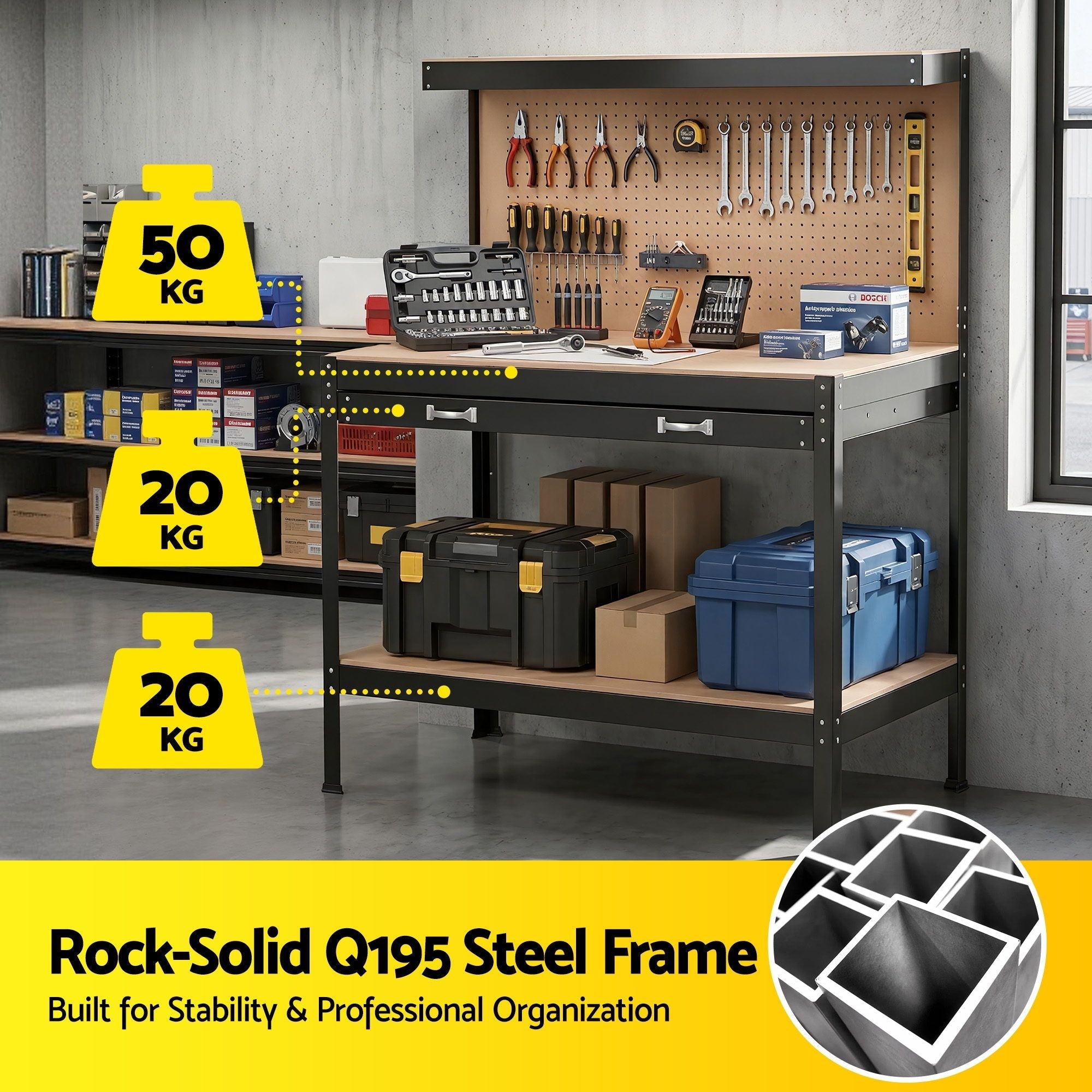Workbench with Pegboard and Ultra - Wide 120cm Work Table for Garage DIY, 20 Hooks - Tools > Tools Storage > Work Benches - Rivercity House & Home Co. (ABN 18 642 972 209) - Affordable Modern Furniture Australia