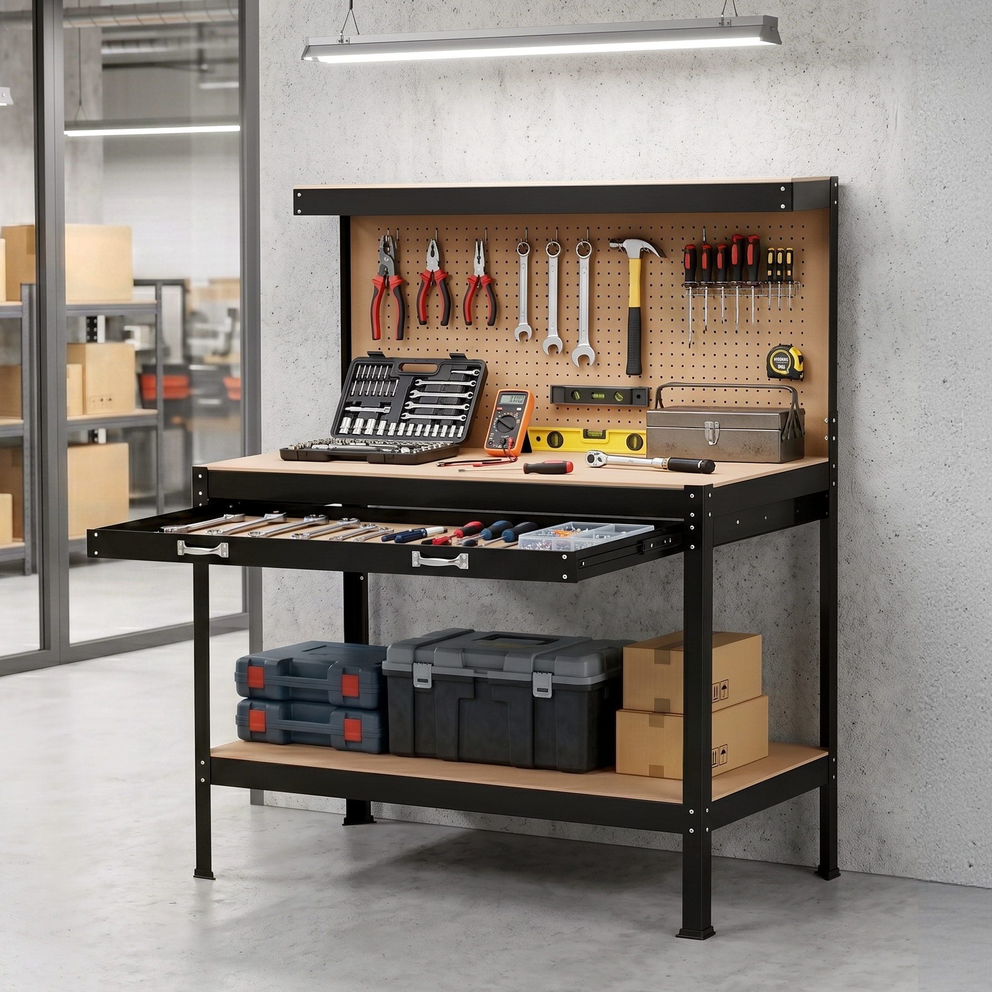 Workbench with Pegboard and Ultra - Wide 120cm Work Table for Garage DIY, 20 Hooks - Tools > Tools Storage > Work Benches - Rivercity House & Home Co. (ABN 18 642 972 209) - Affordable Modern Furniture Australia