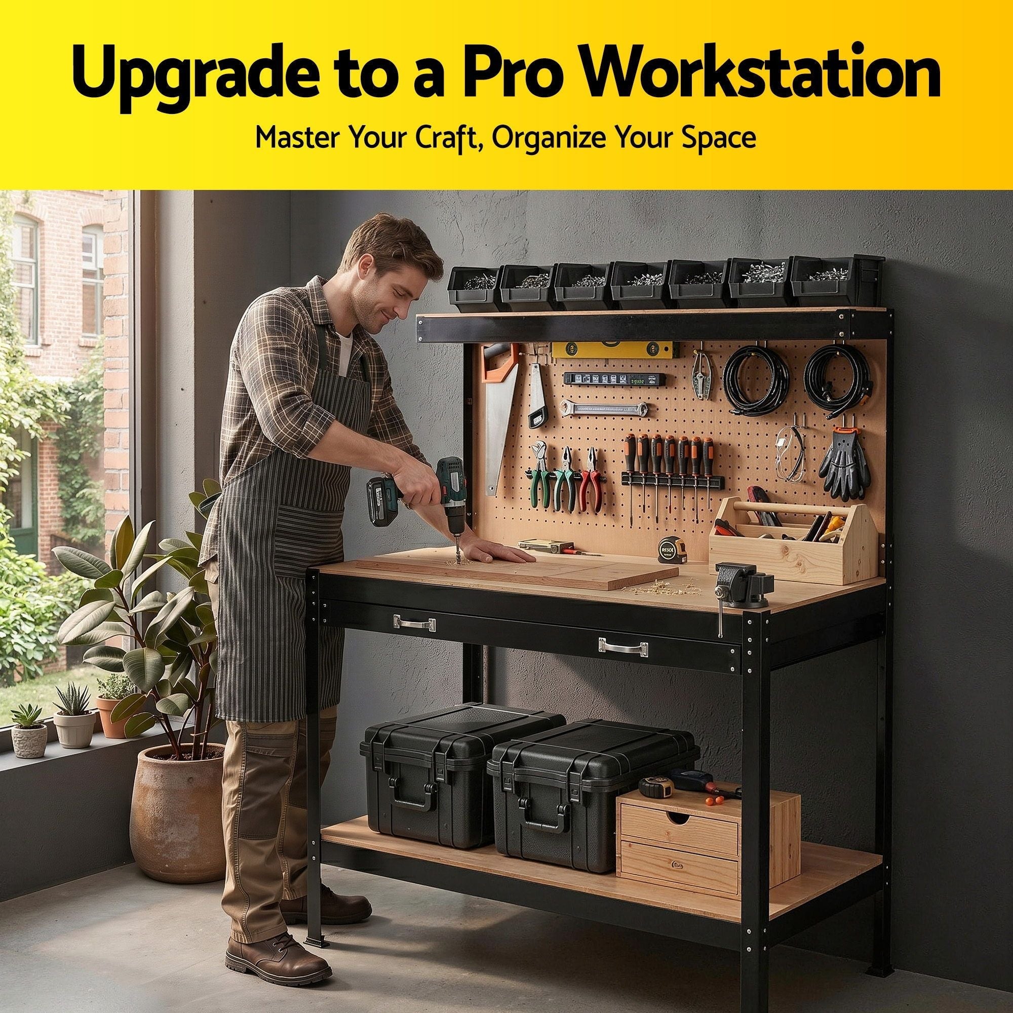 Workbench with Pegboard and Ultra - Wide 120cm Work Table for Garage DIY, 20 Hooks - Tools > Tools Storage > Work Benches - Rivercity House & Home Co. (ABN 18 642 972 209) - Affordable Modern Furniture Australia