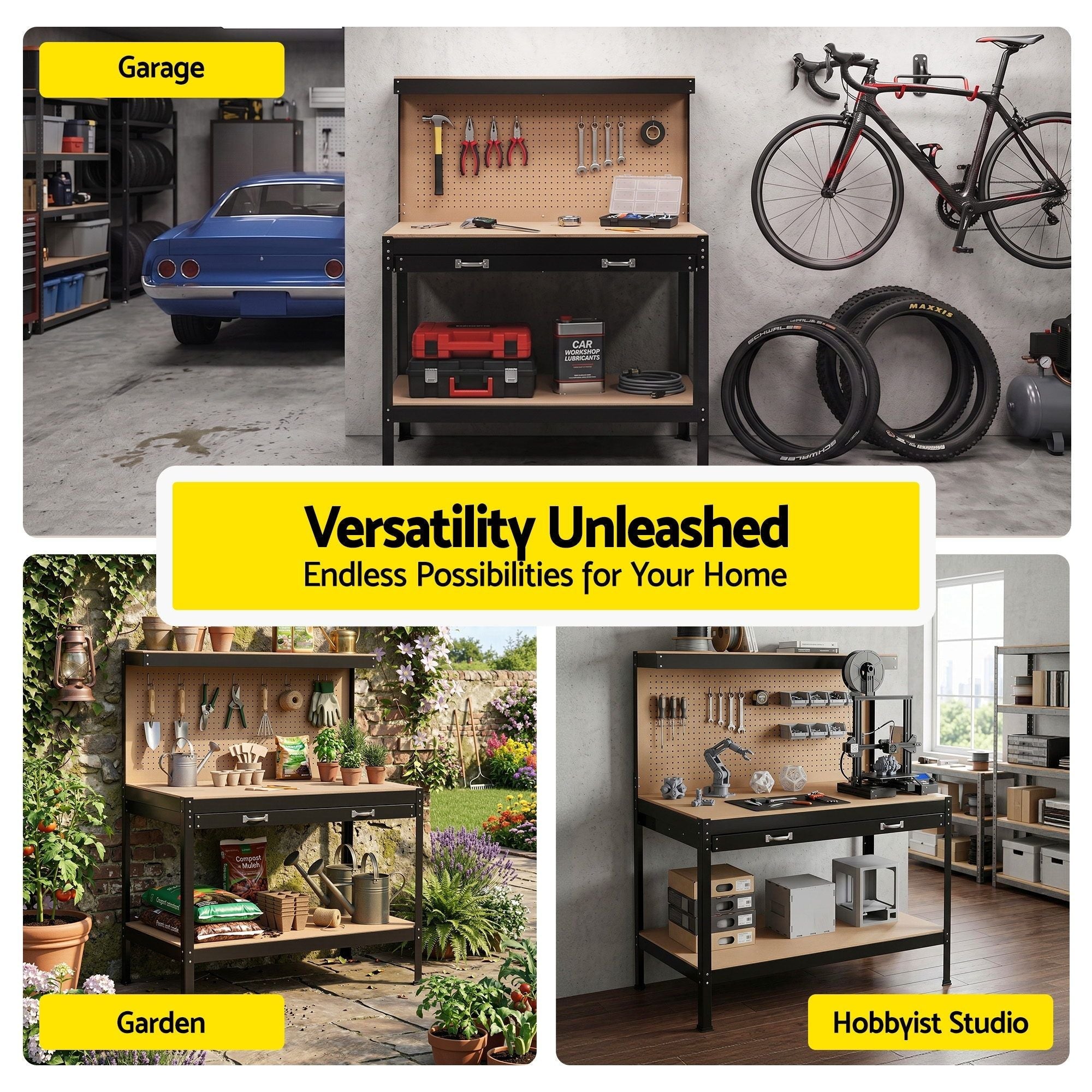 Workbench with Pegboard and Ultra - Wide 120cm Work Table for Garage DIY, 20 Hooks - Tools > Tools Storage > Work Benches - Rivercity House & Home Co. (ABN 18 642 972 209) - Affordable Modern Furniture Australia