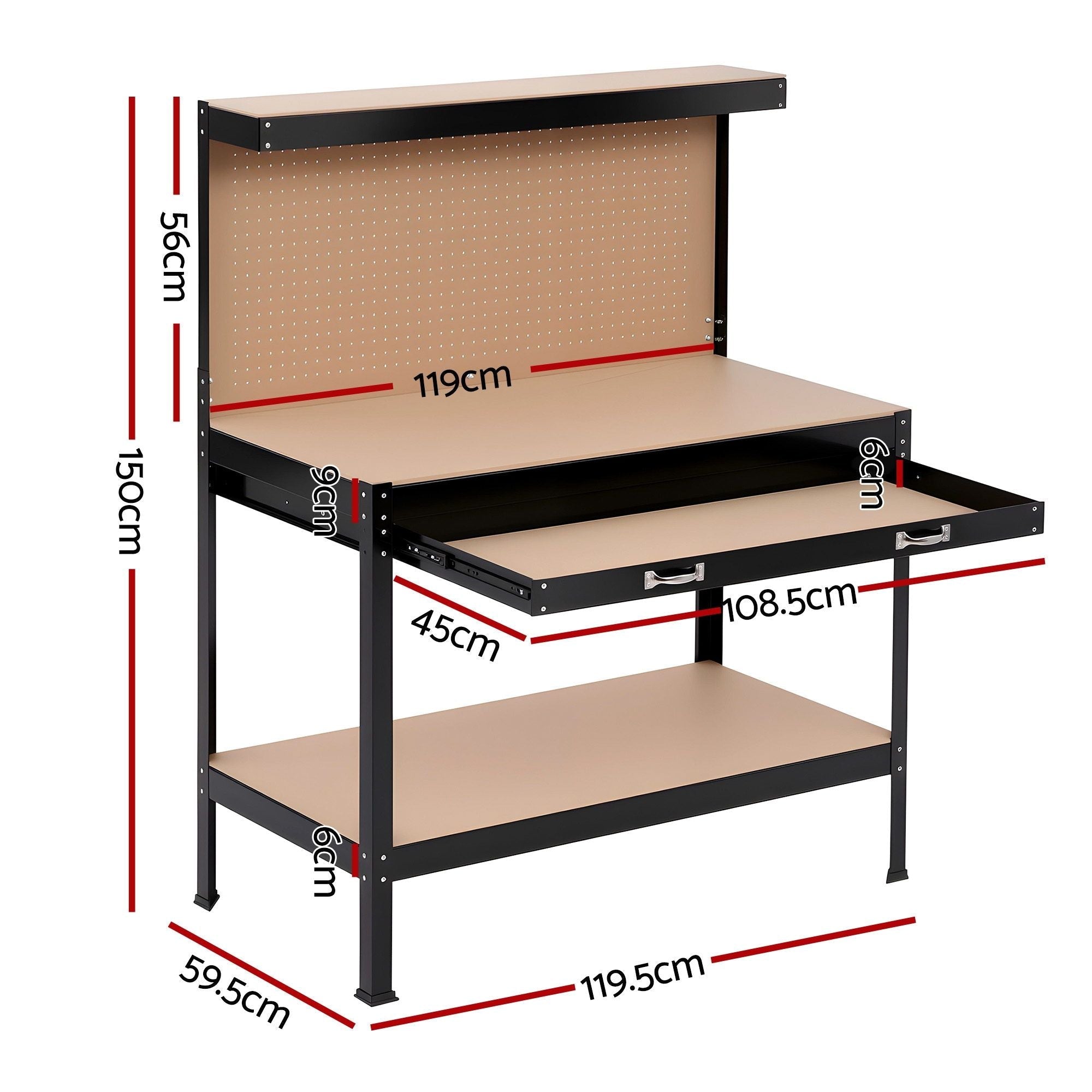 Workbench with Pegboard and Ultra - Wide 120cm Work Table for Garage DIY, 20 Hooks - Tools > Tools Storage > Work Benches - Rivercity House & Home Co. (ABN 18 642 972 209) - Affordable Modern Furniture Australia