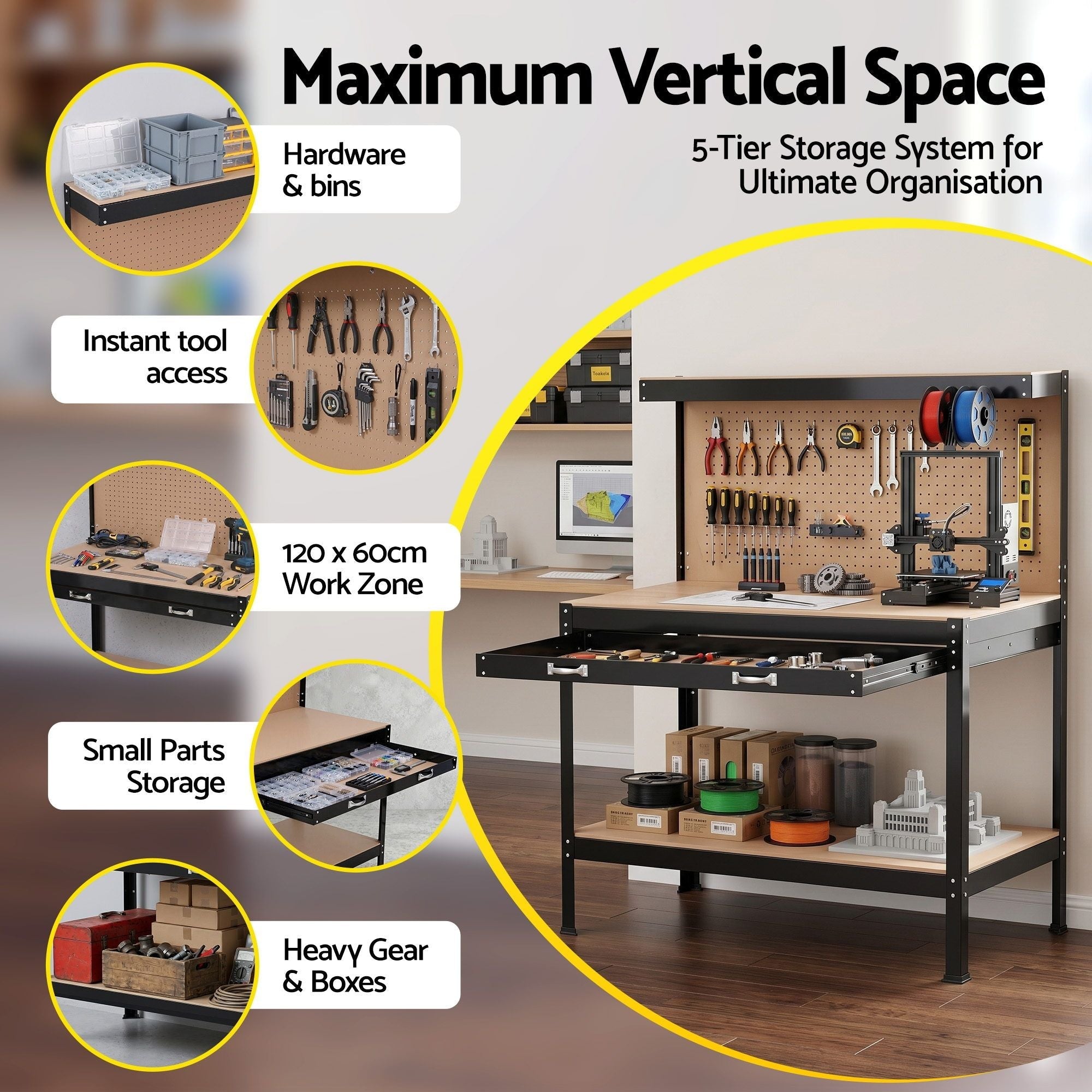 Workbench with Pegboard and Ultra - Wide 120cm Work Table for Garage DIY, 20 Hooks - Tools > Tools Storage > Work Benches - Rivercity House & Home Co. (ABN 18 642 972 209) - Affordable Modern Furniture Australia