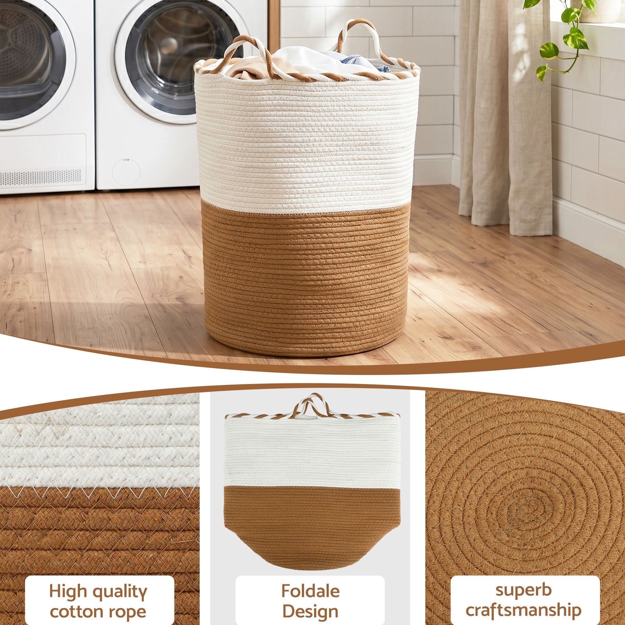 Woven Laundry Basket with handles Foldable White & Brown - Home & Garden > Laundry & Cleaning > Laundry Baskets - Rivercity House & Home Co. (ABN 18 642 972 209) - Affordable Modern Furniture Australia