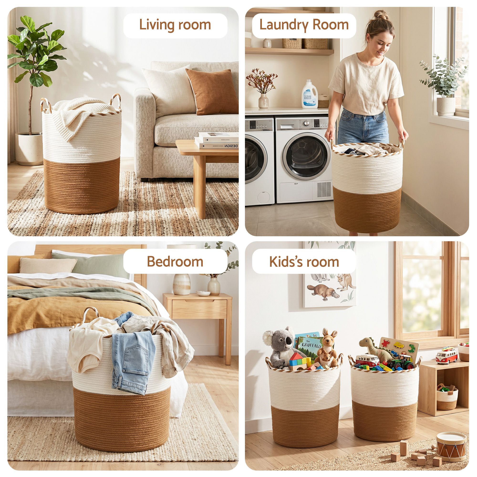 Woven Laundry Basket with handles Foldable White & Brown - Home & Garden > Laundry & Cleaning > Laundry Baskets - Rivercity House & Home Co. (ABN 18 642 972 209) - Affordable Modern Furniture Australia