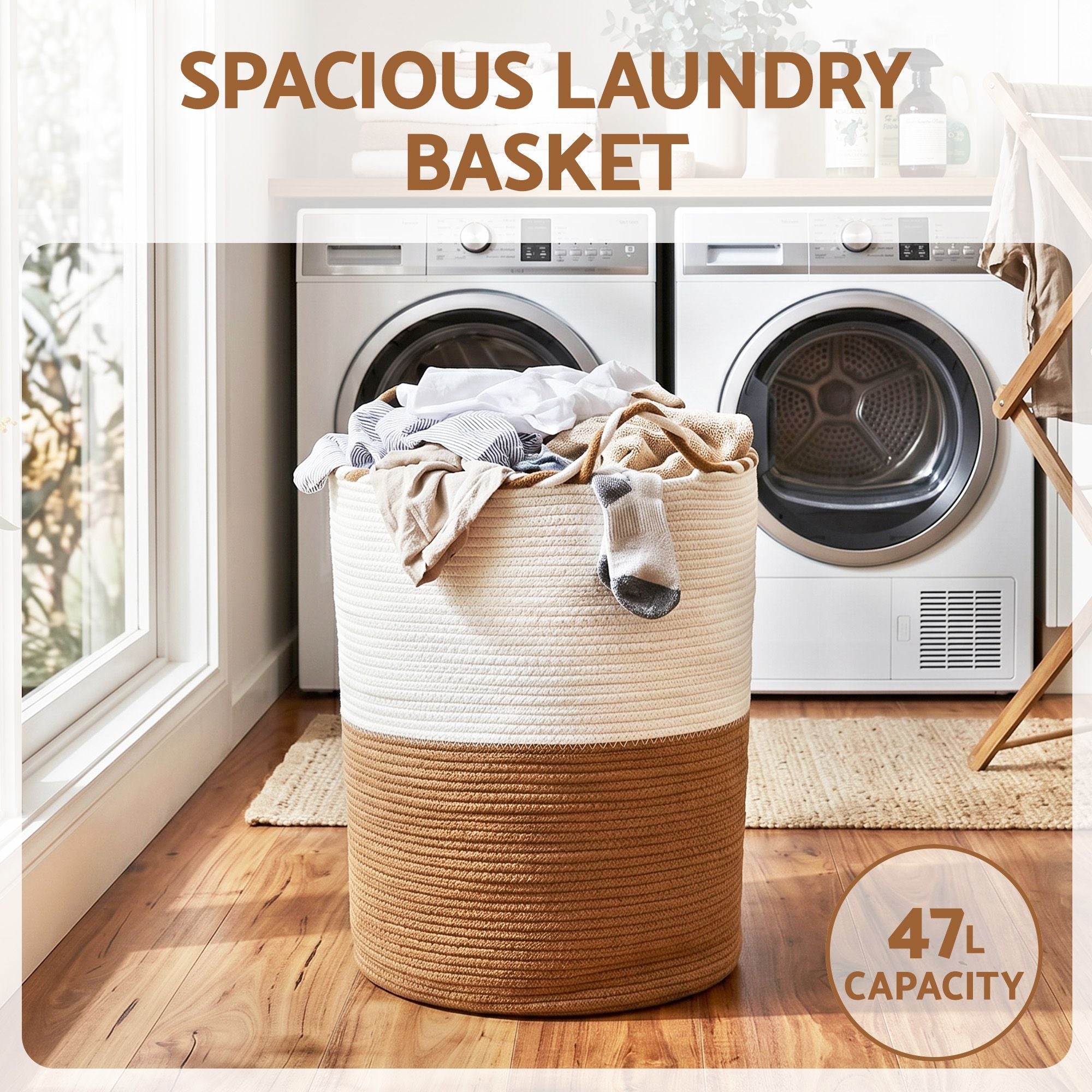 Woven Laundry Basket with handles Foldable White & Brown - Home & Garden > Laundry & Cleaning > Laundry Baskets - Rivercity House & Home Co. (ABN 18 642 972 209) - Affordable Modern Furniture Australia