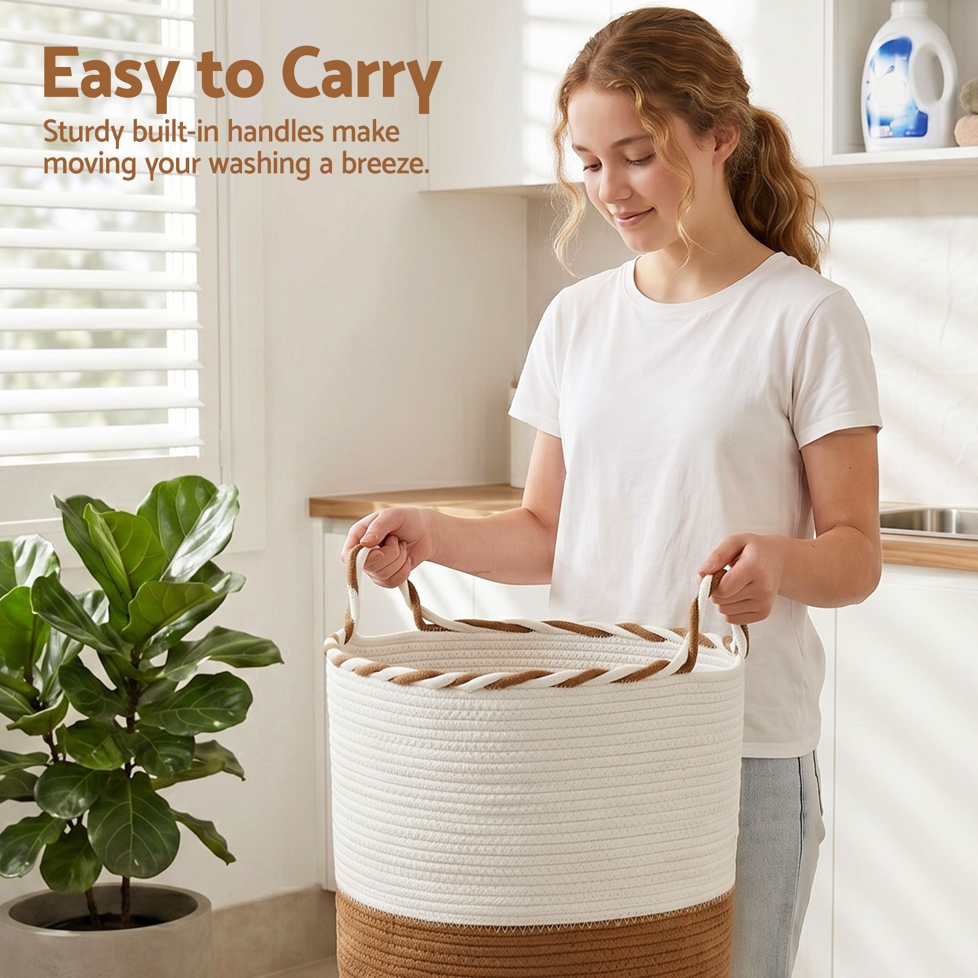 Woven Laundry Basket with handles Foldable White & Brown - Home & Garden > Laundry & Cleaning > Laundry Baskets - Rivercity House & Home Co. (ABN 18 642 972 209) - Affordable Modern Furniture Australia