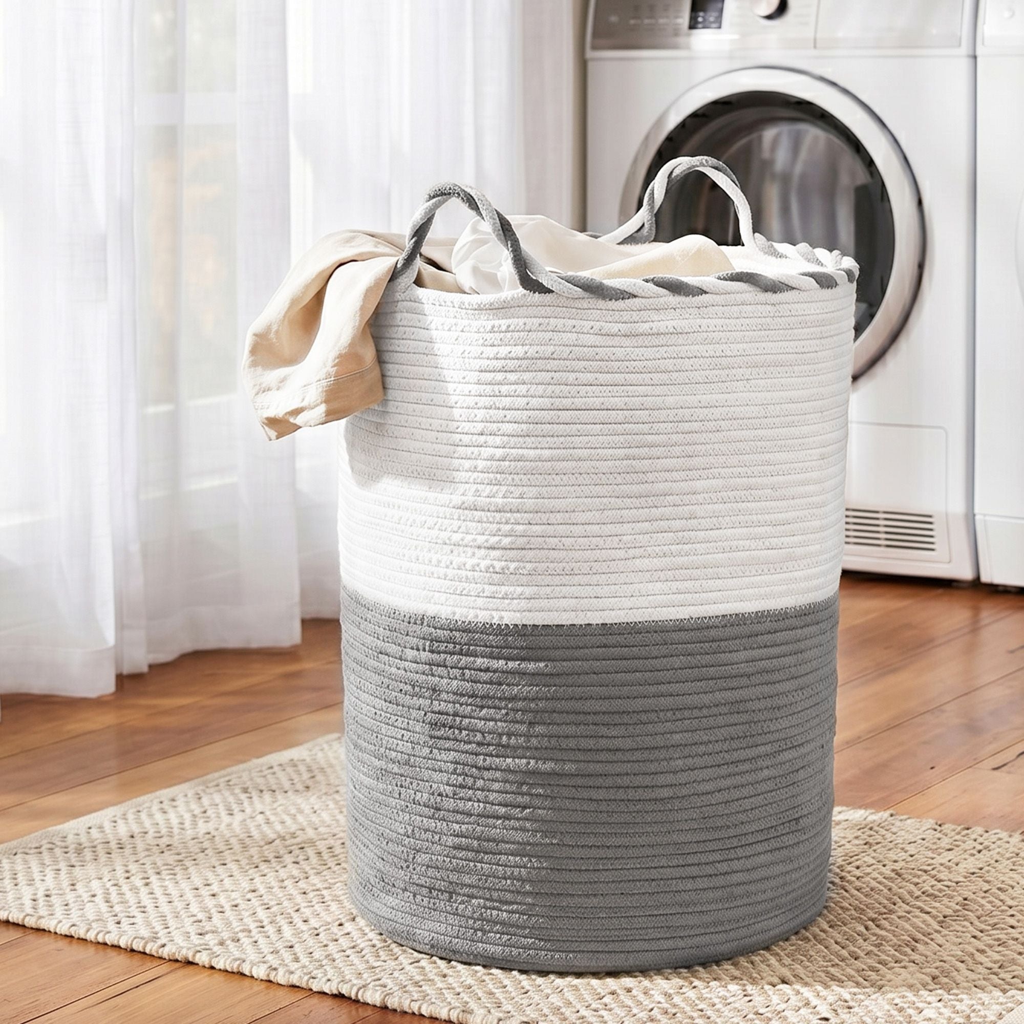 Woven Laundry Basket with handles Foldable White & Grey - Home & Garden > Laundry & Cleaning > Laundry Baskets - Rivercity House & Home Co. (ABN 18 642 972 209) - Affordable Modern Furniture Australia