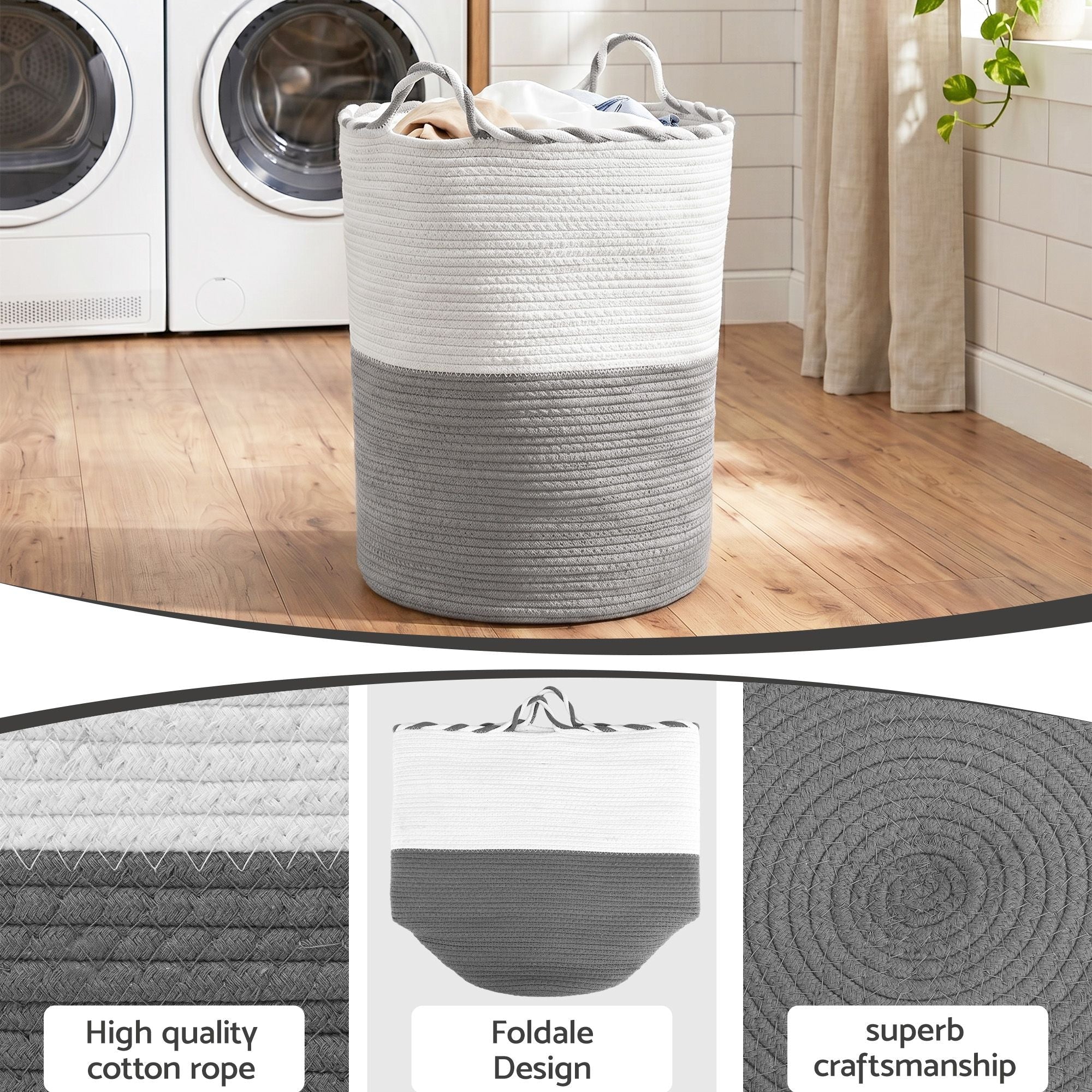 Woven Laundry Basket with handles Foldable White & Grey - Home & Garden > Laundry & Cleaning > Laundry Baskets - Rivercity House & Home Co. (ABN 18 642 972 209) - Affordable Modern Furniture Australia