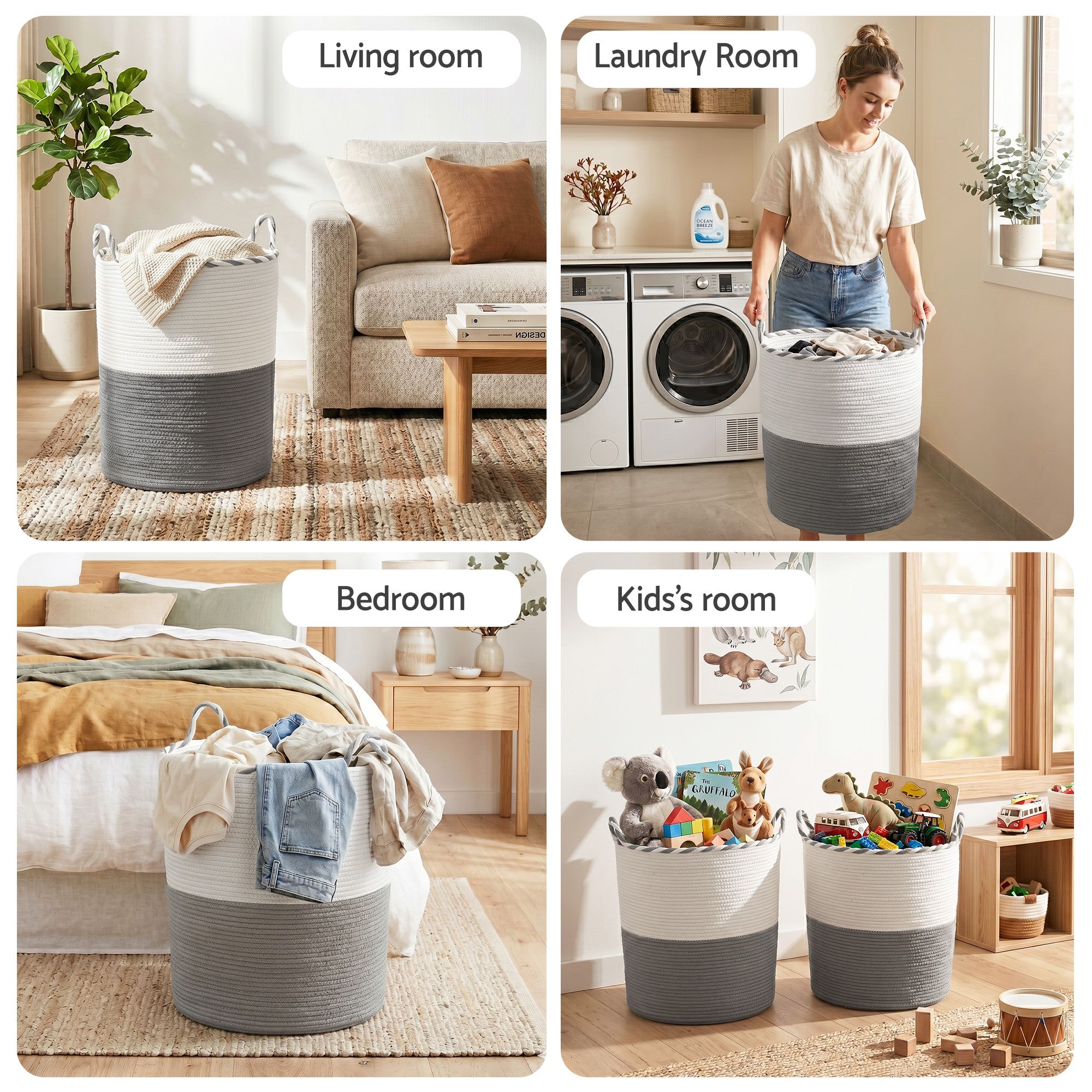 Woven Laundry Basket with handles Foldable White & Grey - Home & Garden > Laundry & Cleaning > Laundry Baskets - Rivercity House & Home Co. (ABN 18 642 972 209) - Affordable Modern Furniture Australia
