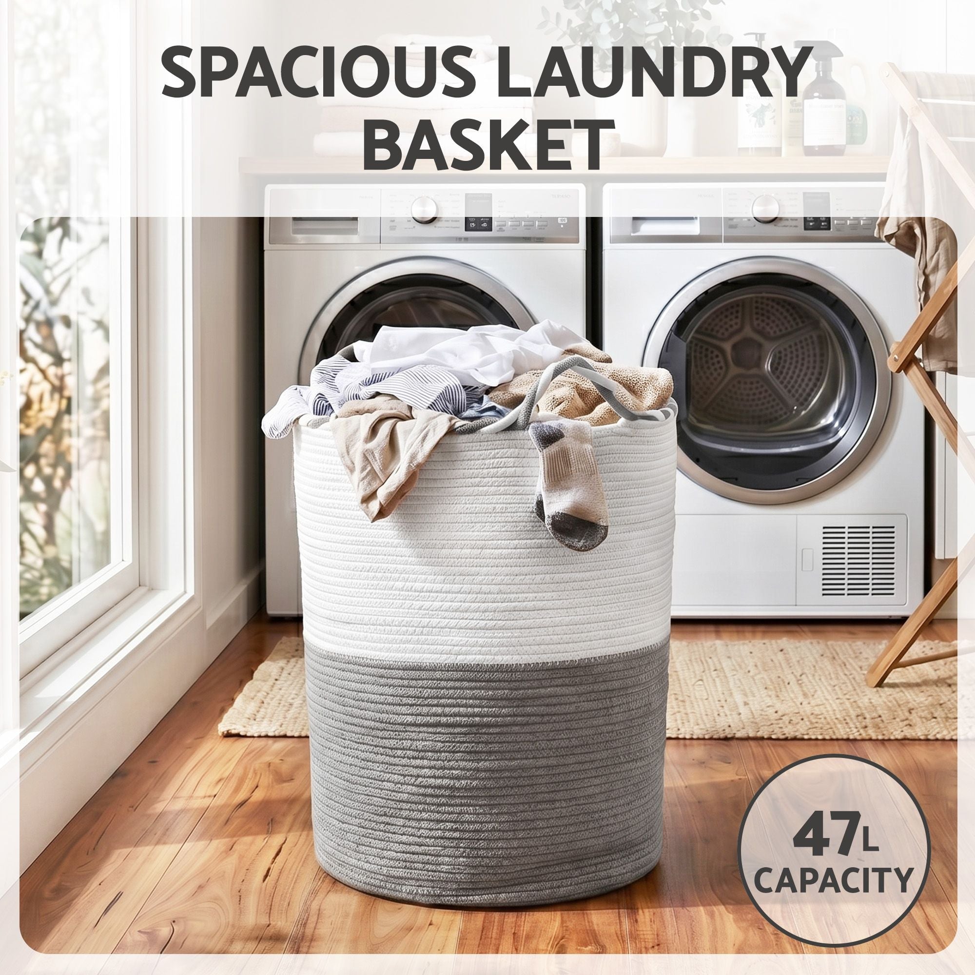 Woven Laundry Basket with handles Foldable White & Grey - Home & Garden > Laundry & Cleaning > Laundry Baskets - Rivercity House & Home Co. (ABN 18 642 972 209) - Affordable Modern Furniture Australia