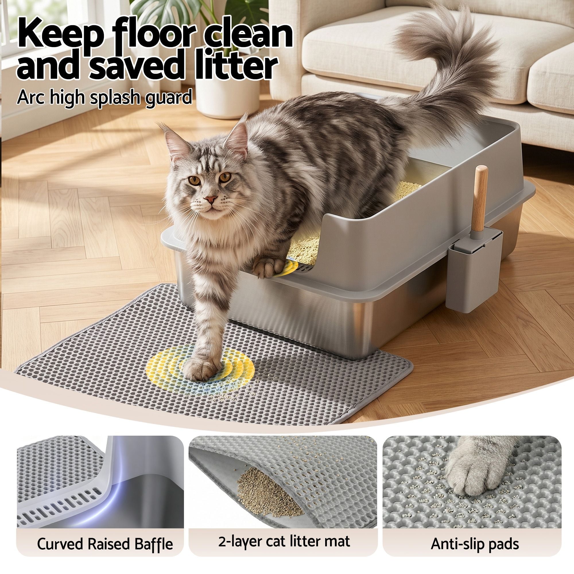 XXL Stainless Steel Jumbo Semi-Enclosed Cat Litter Box with Mat and Scoop - Grey - Pet Care > Cat Supplies > Cat Litter - Rivercity House & Home Co. (ABN 18 642 972 209) - Affordable Modern Furniture Australia