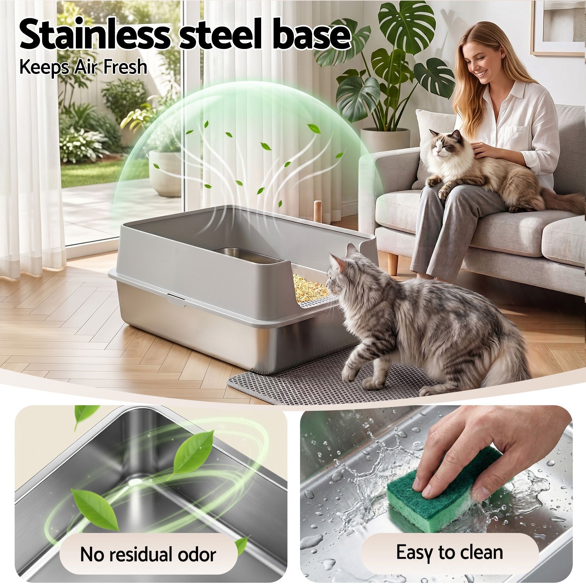 XXL Stainless Steel Jumbo Semi-Enclosed Cat Litter Box with Mat and Scoop - Grey - Pet Care > Cat Supplies > Cat Litter - Rivercity House & Home Co. (ABN 18 642 972 209) - Affordable Modern Furniture Australia
