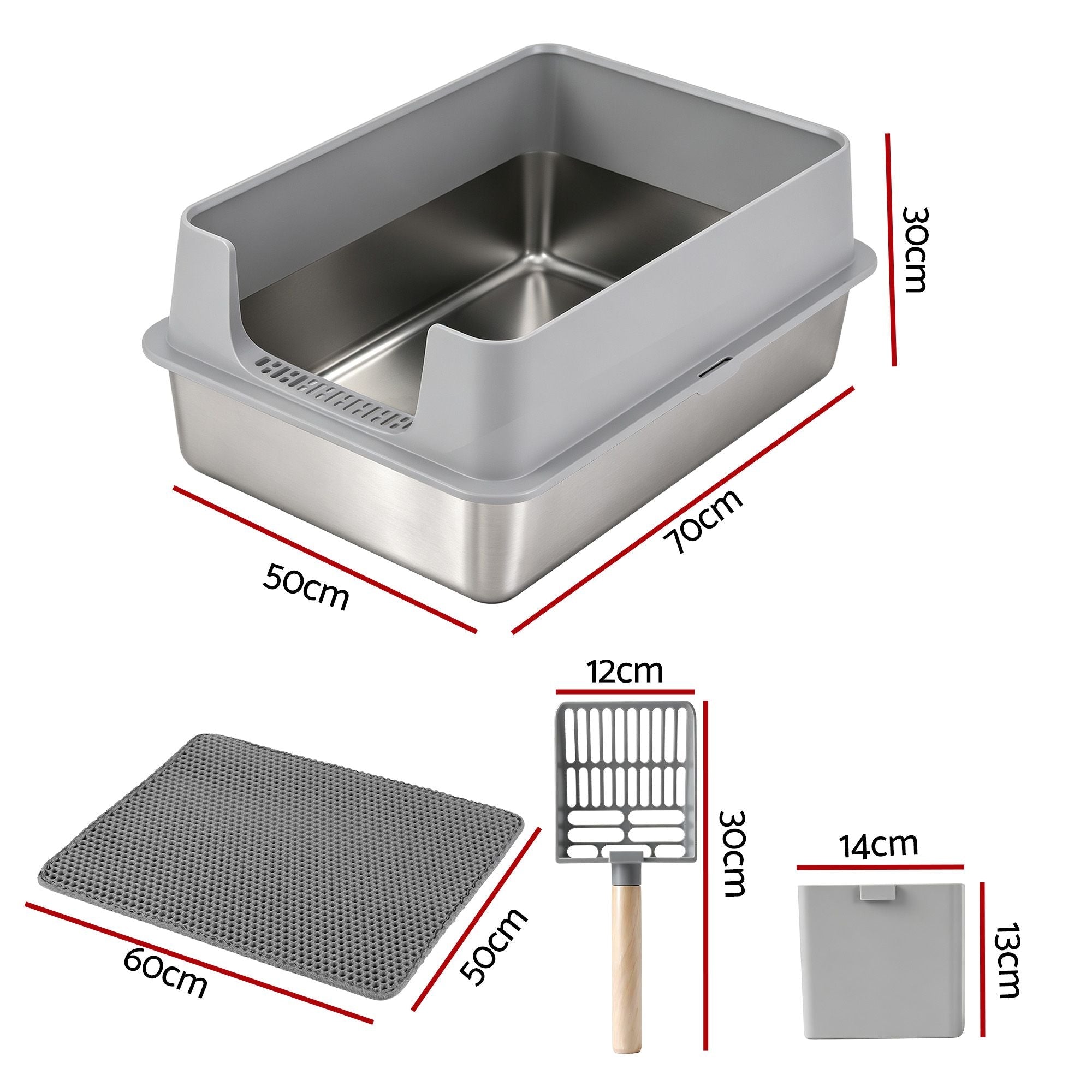 XXL Stainless Steel Jumbo Semi-Enclosed Cat Litter Box with Mat and Scoop - Grey - Pet Care > Cat Supplies > Cat Litter - Rivercity House & Home Co. (ABN 18 642 972 209) - Affordable Modern Furniture Australia