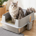 XXL Stainless Steel Jumbo Semi-Enclosed Cat Litter Box with Mat and Scoop - Grey