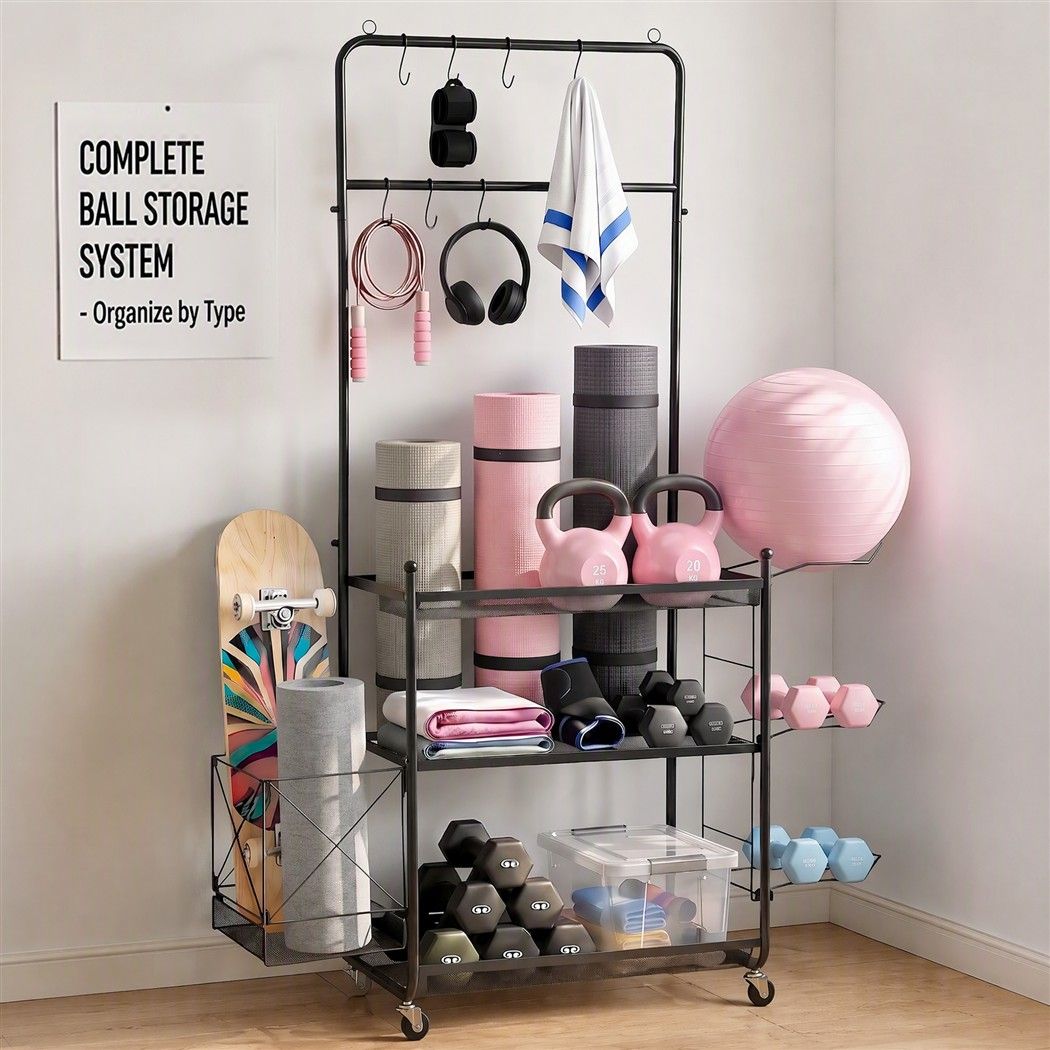 Yoga Mat Multifunction Ball Storage Cart Organizer Rack 145cm - Black - Sports & Fitness > Exercise, Gym & Fitness > Gym Equipment & Accessories - Rivercity House & Home Co. (ABN 18 642 972 209) - Affordable Modern Furniture Australia