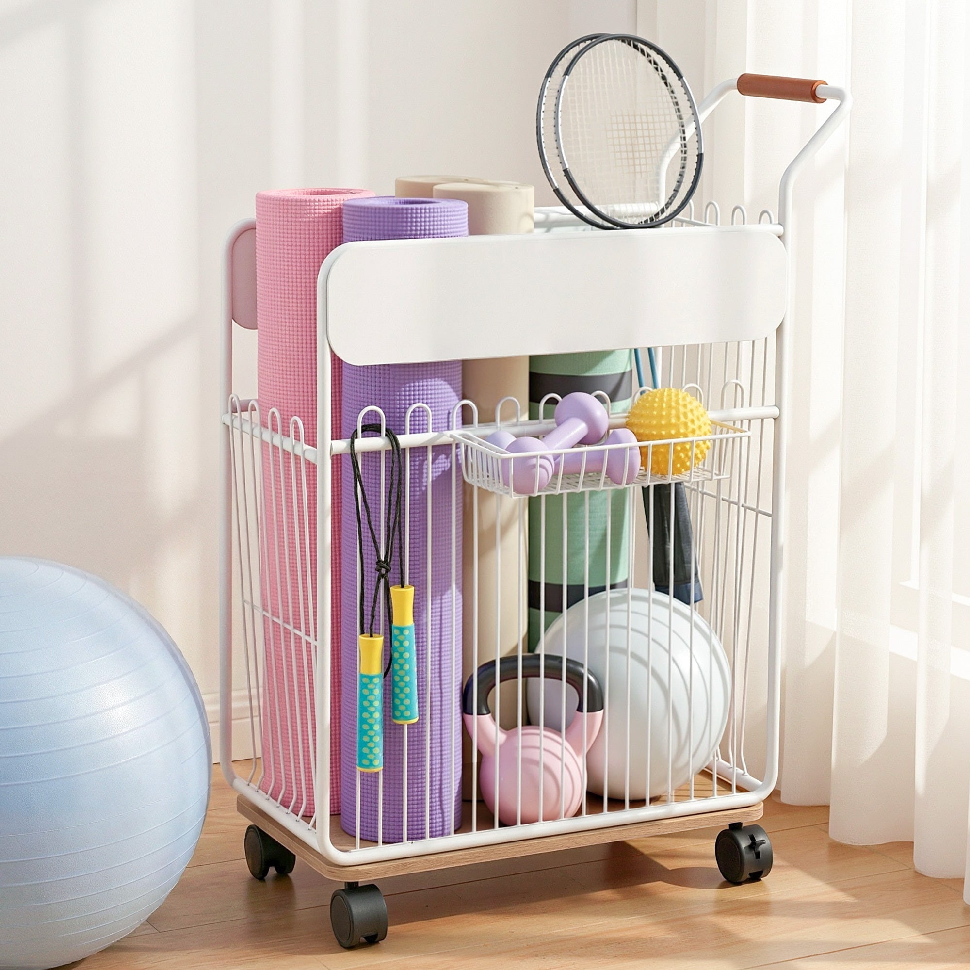 Yoga Mat Storage Rack Mobile Holder with Wheels Basket Home Gym Storage Organizer White - Sports & Fitness > Ball Sports > Basketball & Basketball Accessories - Rivercity House & Home Co. (ABN 18 642 972 209) - Affordable Modern Furniture Australia