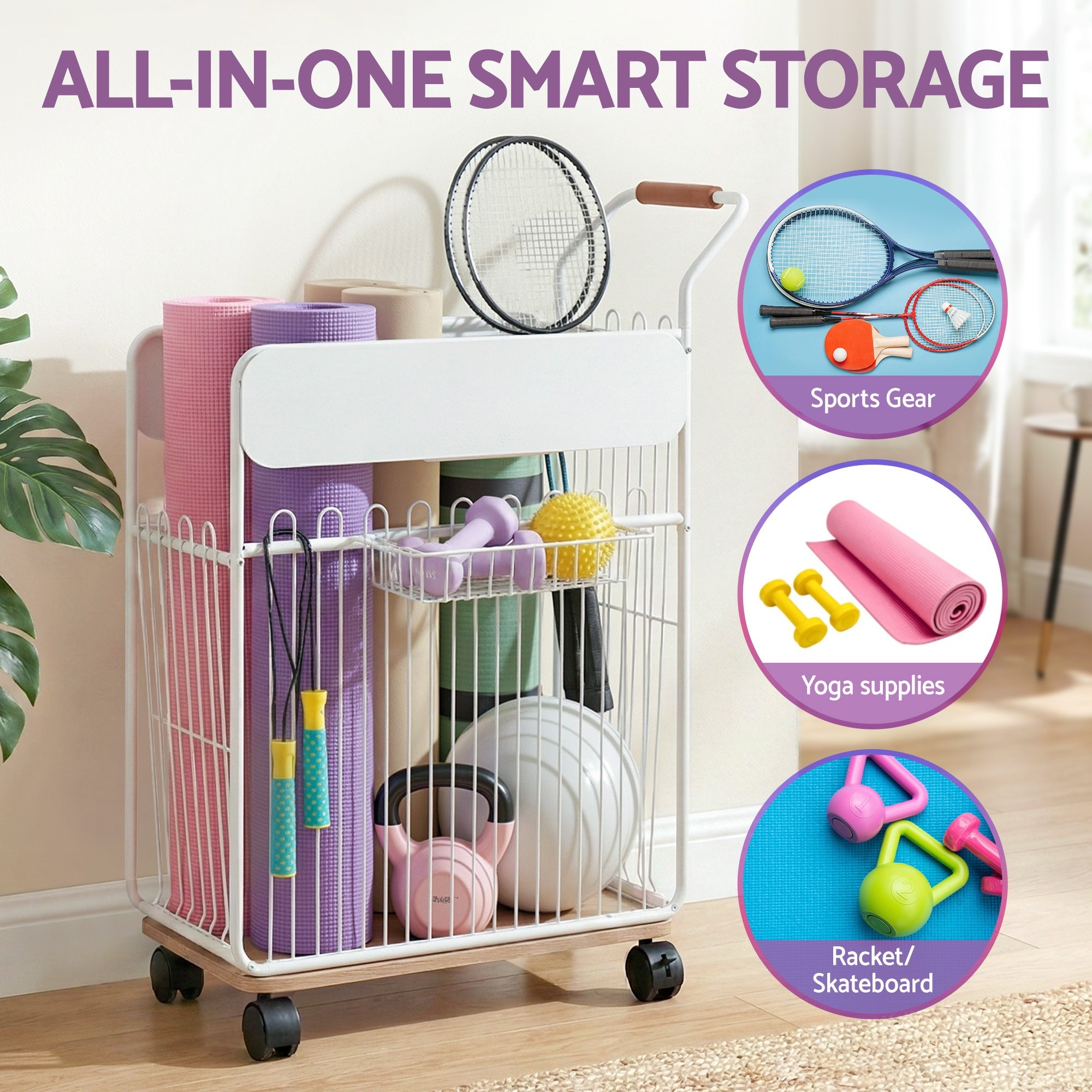 Yoga Mat Storage Rack Mobile Holder with Wheels Basket Home Gym Storage Organizer White - Sports & Fitness > Ball Sports > Basketball & Basketball Accessories - Rivercity House & Home Co. (ABN 18 642 972 209) - Affordable Modern Furniture Australia