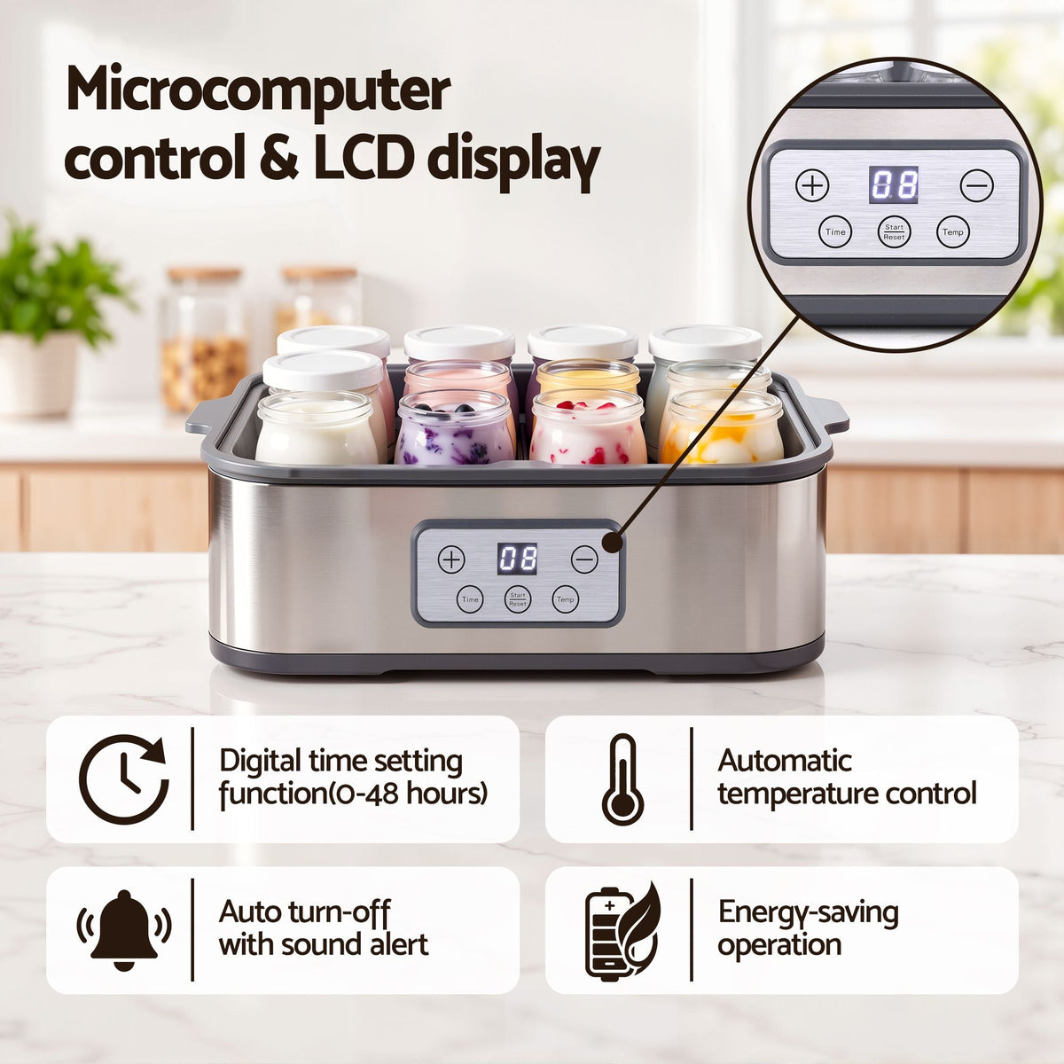 Yoghurt Maker Machine with 12x180ml Glass Cups and Temp Control - Grey - Appliances > Kitchen Appliances > Speciality Appliances - Rivercity House & Home Co. (ABN 18 642 972 209) - Affordable Modern Furniture Australia