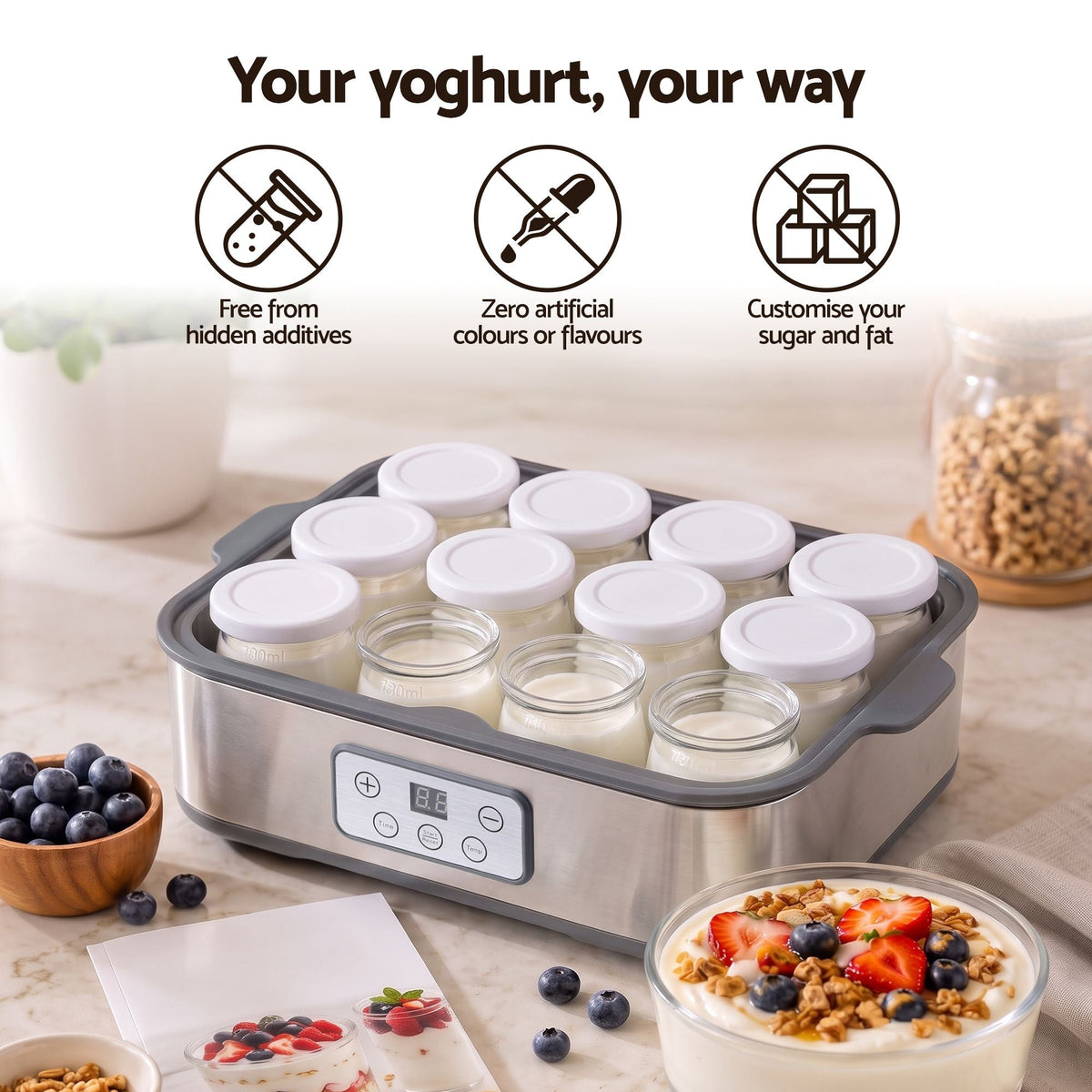 Yoghurt Maker Machine with 12x180ml Glass Cups and Temp Control - Grey - Appliances > Kitchen Appliances > Speciality Appliances - Rivercity House & Home Co. (ABN 18 642 972 209) - Affordable Modern Furniture Australia