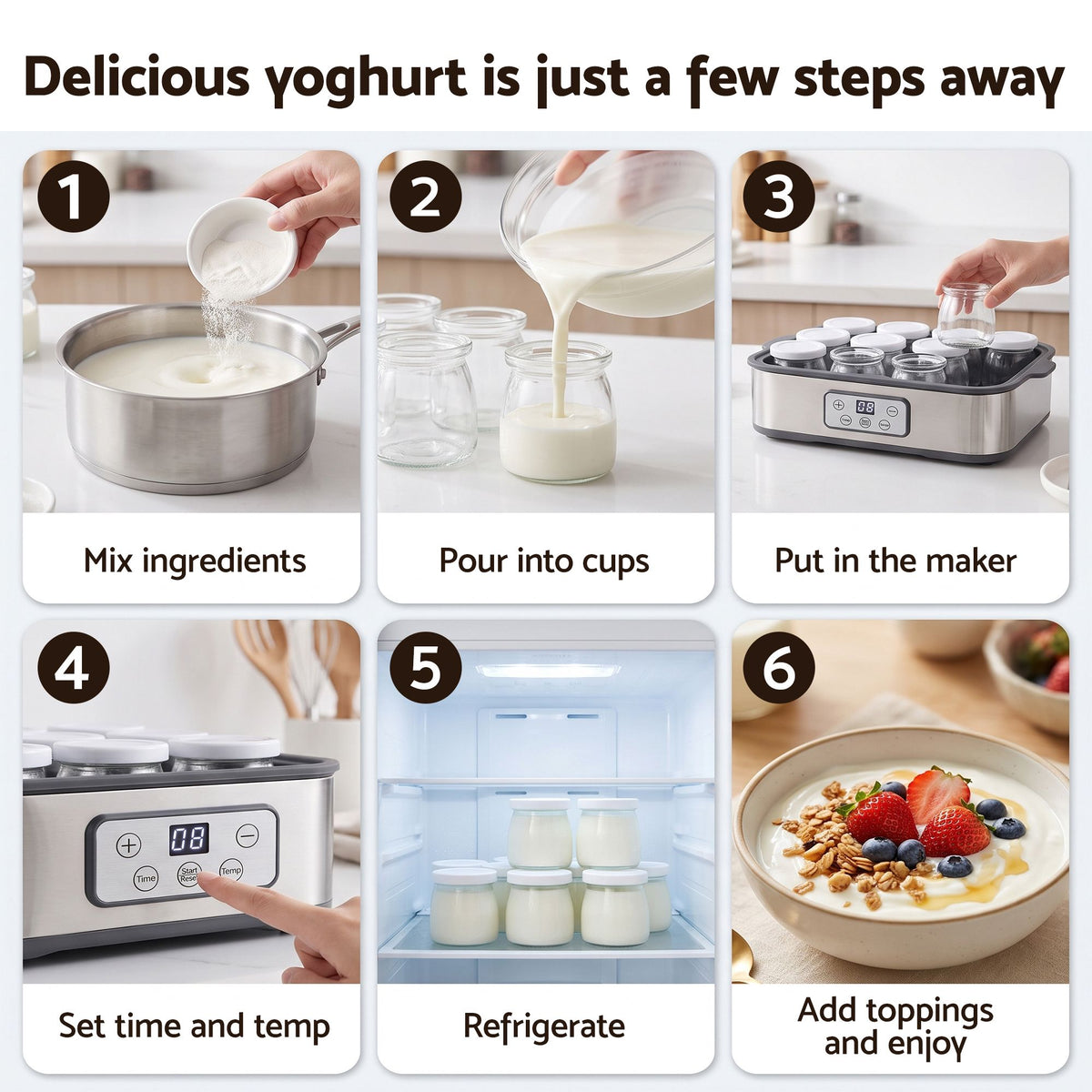 Yoghurt Maker Machine with 12x180ml Glass Cups and Temp Control - Grey - Appliances > Kitchen Appliances > Speciality Appliances - Rivercity House & Home Co. (ABN 18 642 972 209) - Affordable Modern Furniture Australia