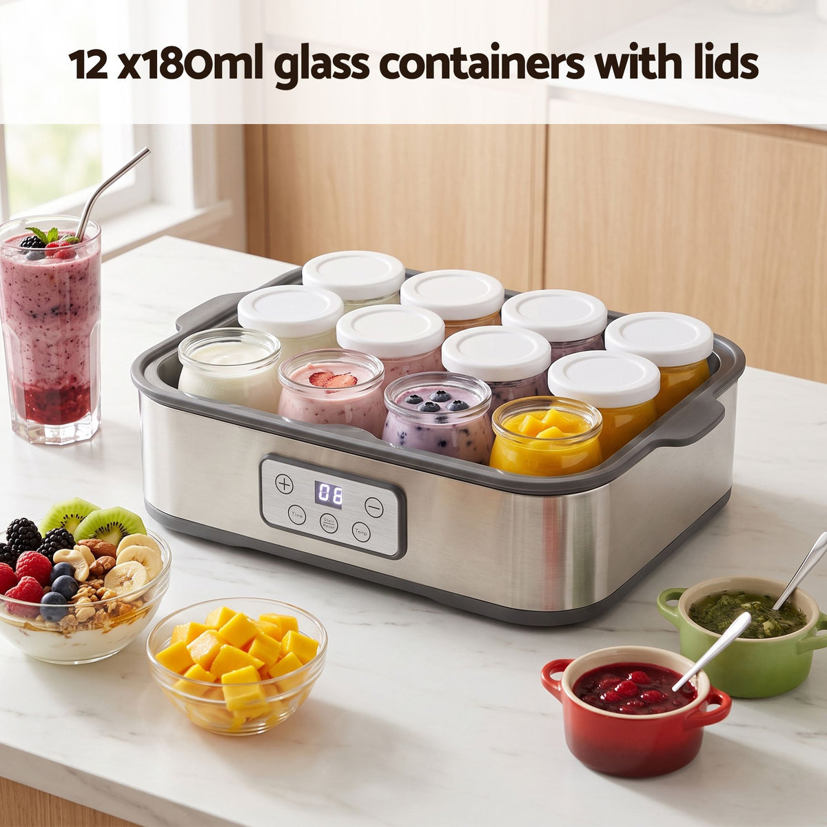 Yoghurt Maker Machine with 12x180ml Glass Cups and Temp Control - Grey - Appliances > Kitchen Appliances > Speciality Appliances - Rivercity House & Home Co. (ABN 18 642 972 209) - Affordable Modern Furniture Australia
