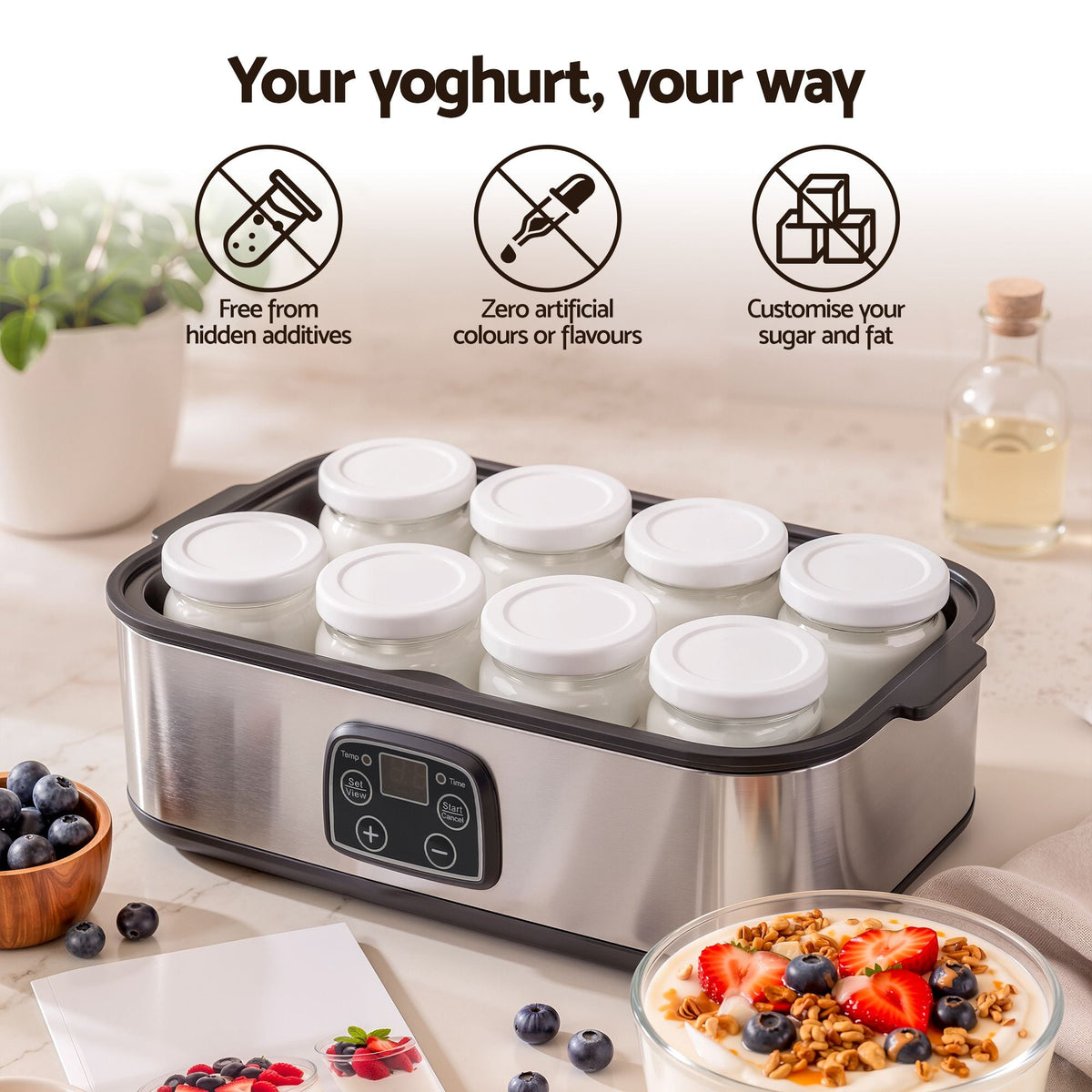 Yoghurt Maker Machine with 8x180ml Glass Cups and Temperature Control - Black - Appliances > Kitchen Appliances > Speciality Appliances - Rivercity House & Home Co. (ABN 18 642 972 209) - Affordable Modern Furniture Australia