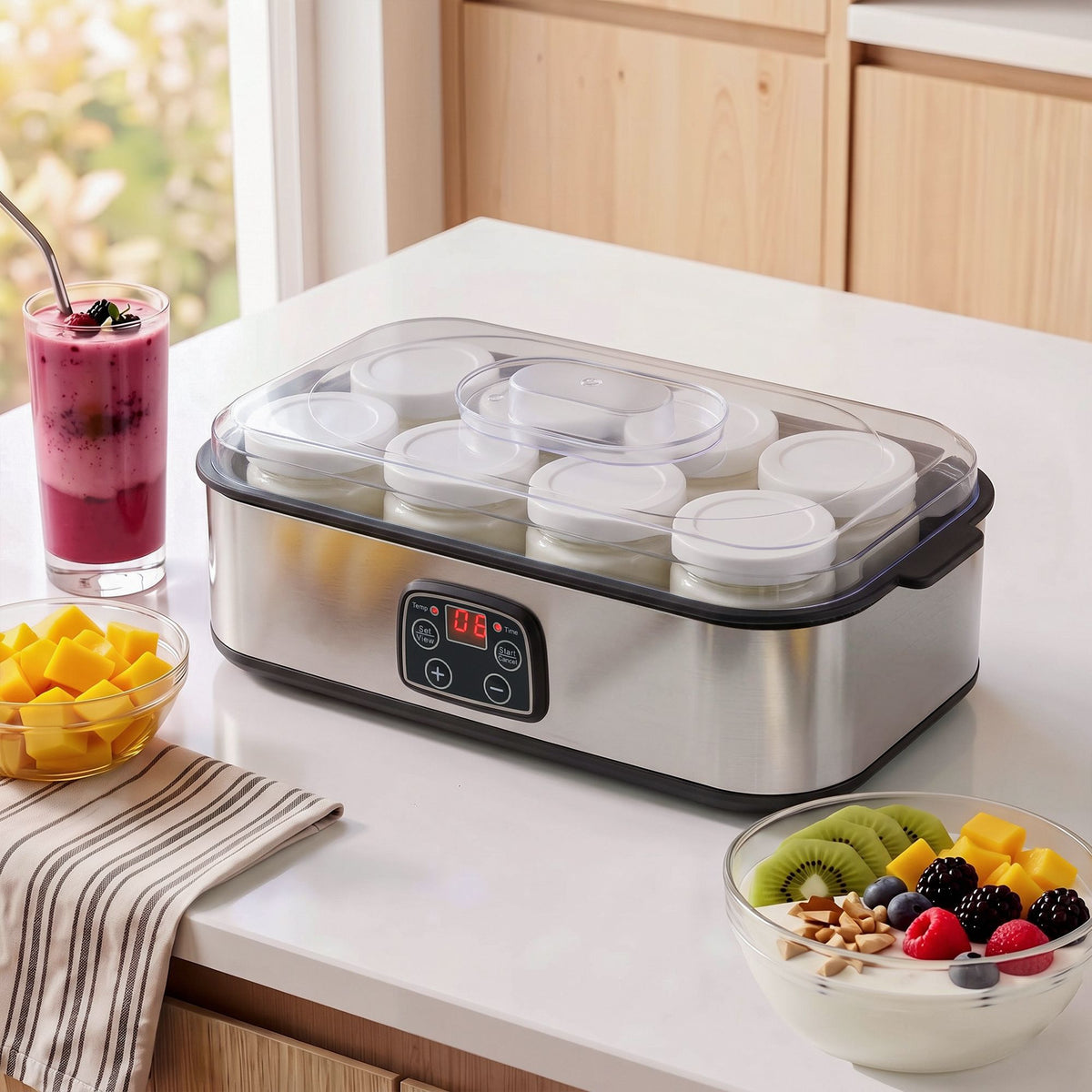 Yoghurt Maker Machine with 8x180ml Glass Cups and Temperature Control - Black - Appliances > Kitchen Appliances > Speciality Appliances - Rivercity House & Home Co. (ABN 18 642 972 209) - Affordable Modern Furniture Australia