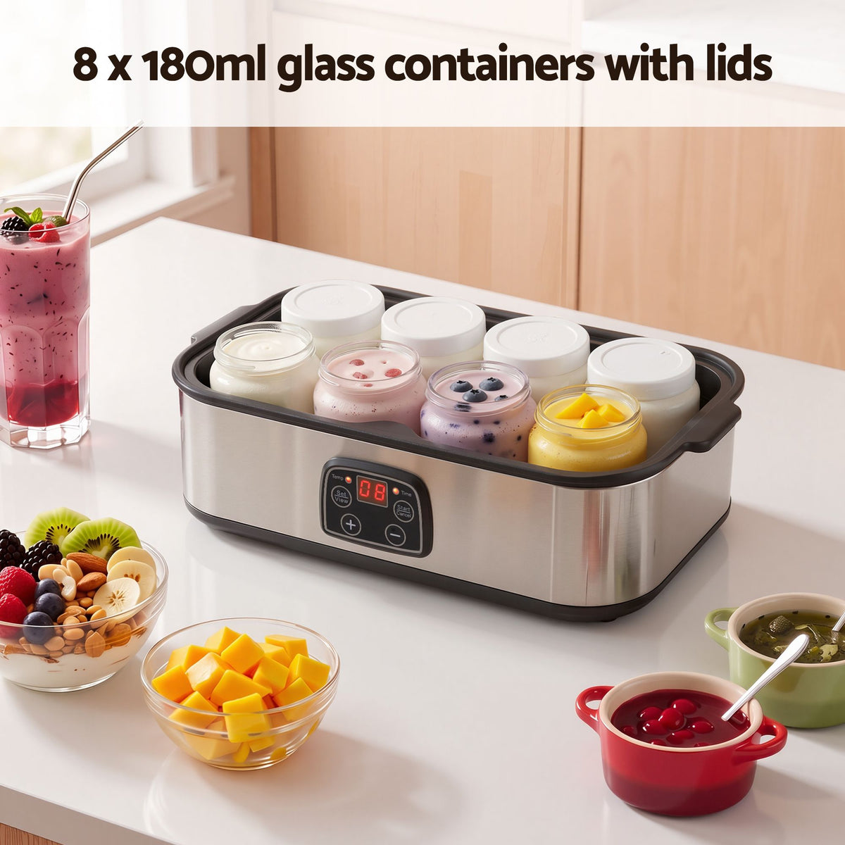 Yoghurt Maker Machine with 8x180ml Glass Cups and Temperature Control - Black - Appliances > Kitchen Appliances > Speciality Appliances - Rivercity House & Home Co. (ABN 18 642 972 209) - Affordable Modern Furniture Australia