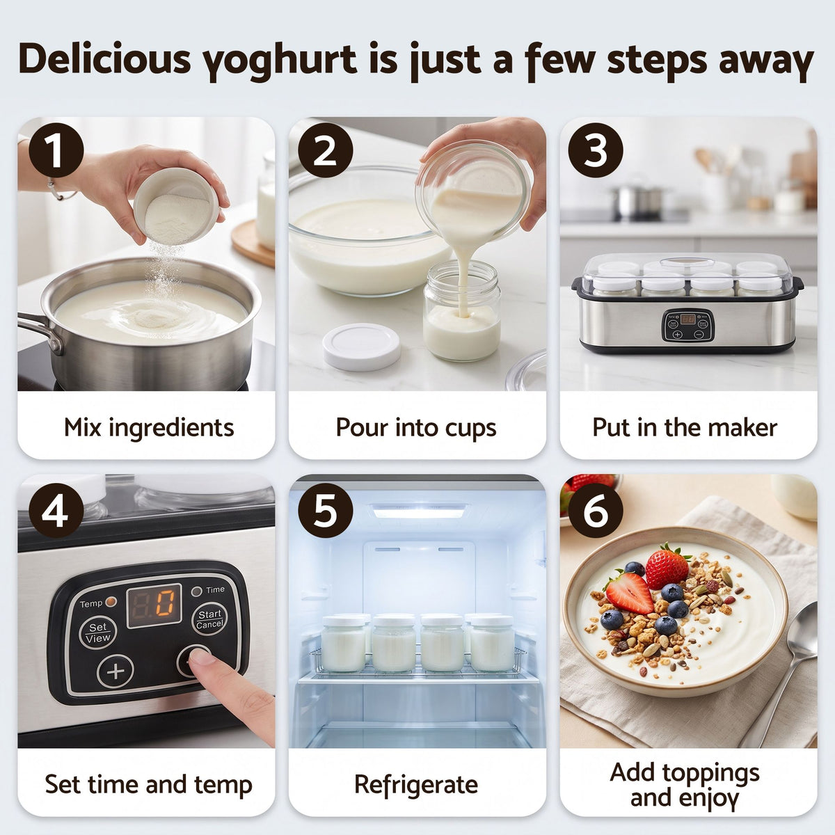 Yoghurt Maker Machine with 8x180ml Glass Cups and Temperature Control - Black - Appliances > Kitchen Appliances > Speciality Appliances - Rivercity House & Home Co. (ABN 18 642 972 209) - Affordable Modern Furniture Australia