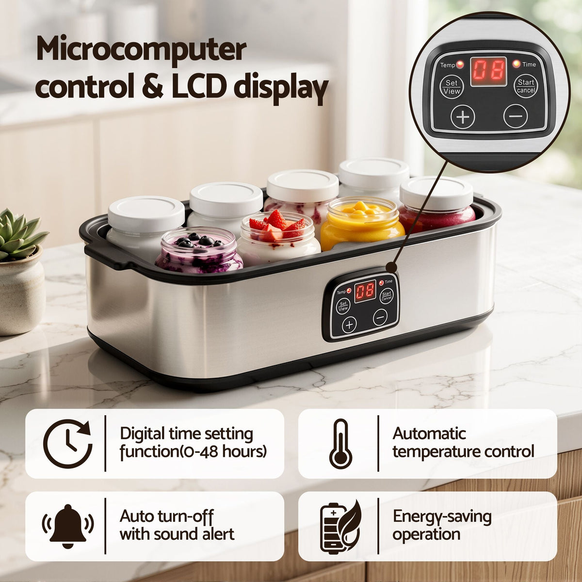 Yoghurt Maker Machine with 8x180ml Glass Cups and Temperature Control - Black - Appliances > Kitchen Appliances > Speciality Appliances - Rivercity House & Home Co. (ABN 18 642 972 209) - Affordable Modern Furniture Australia