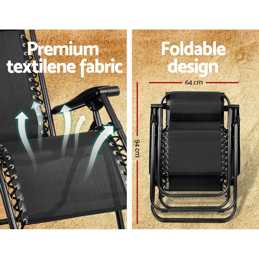 Zero Gravity Chair Folding Outdoor Recliner Adjustable Sun Lounge Camping Black - Furniture > Outdoor > Outdoor Chairs - Rivercity House & Home Co. (ABN 18 642 972 209) - Affordable Modern Furniture Australia