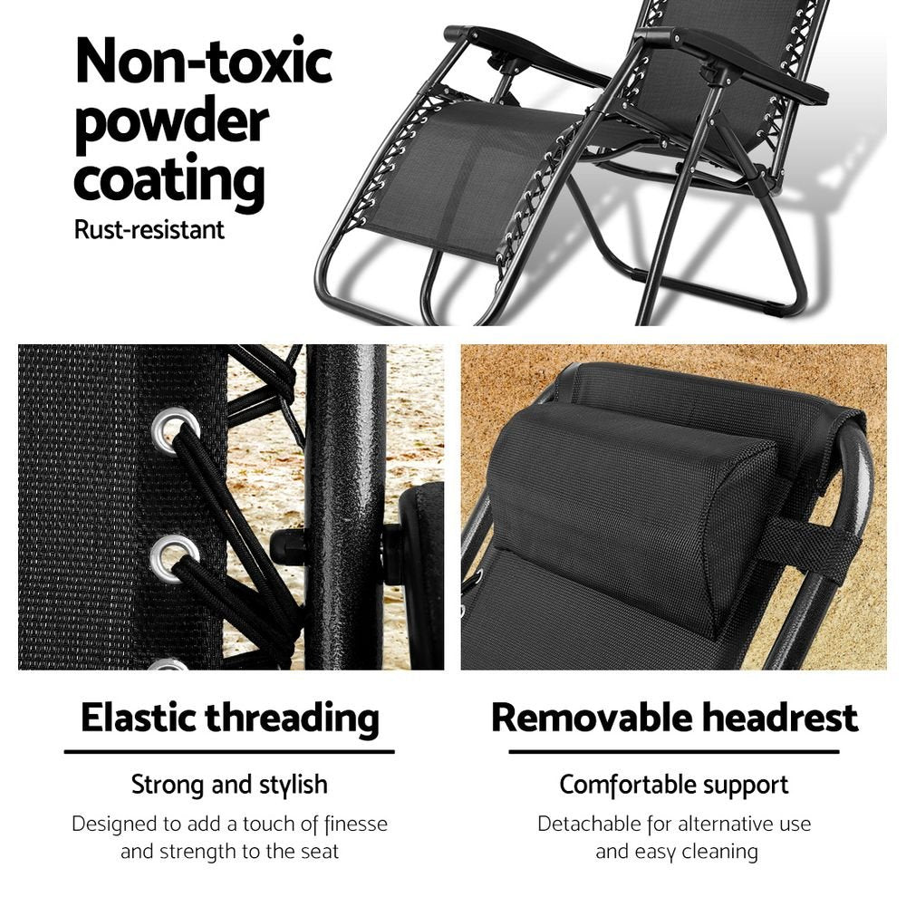 Zero Gravity Chair Folding Outdoor Recliner Adjustable Sun Lounge Camping Black - Furniture > Outdoor > Outdoor Chairs - Rivercity House & Home Co. (ABN 18 642 972 209) - Affordable Modern Furniture Australia